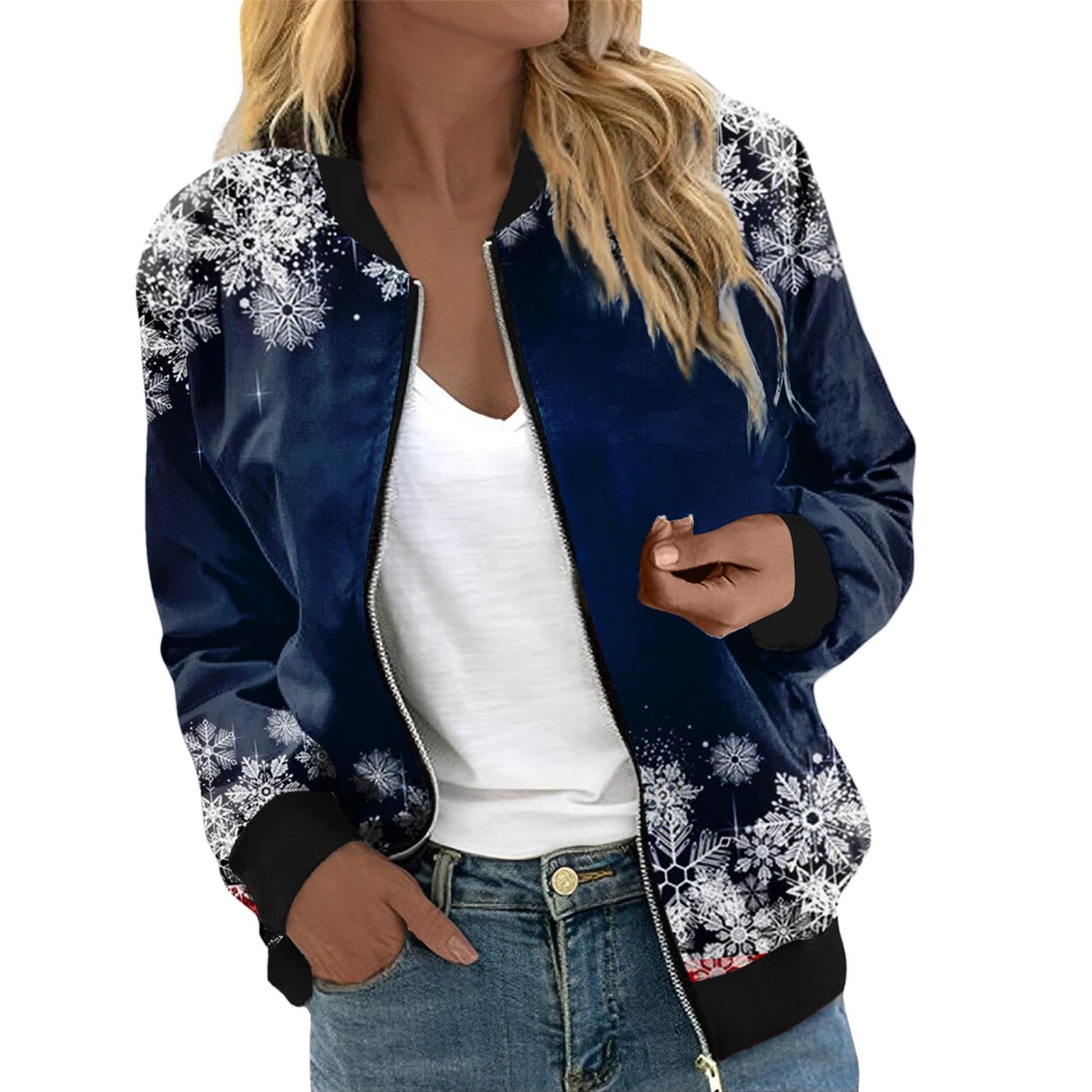Women's Jackets Long Sleeve Lightweight Zip Up Cropped Fashion Christmas Print Outerwear Casual Quilted Jackets