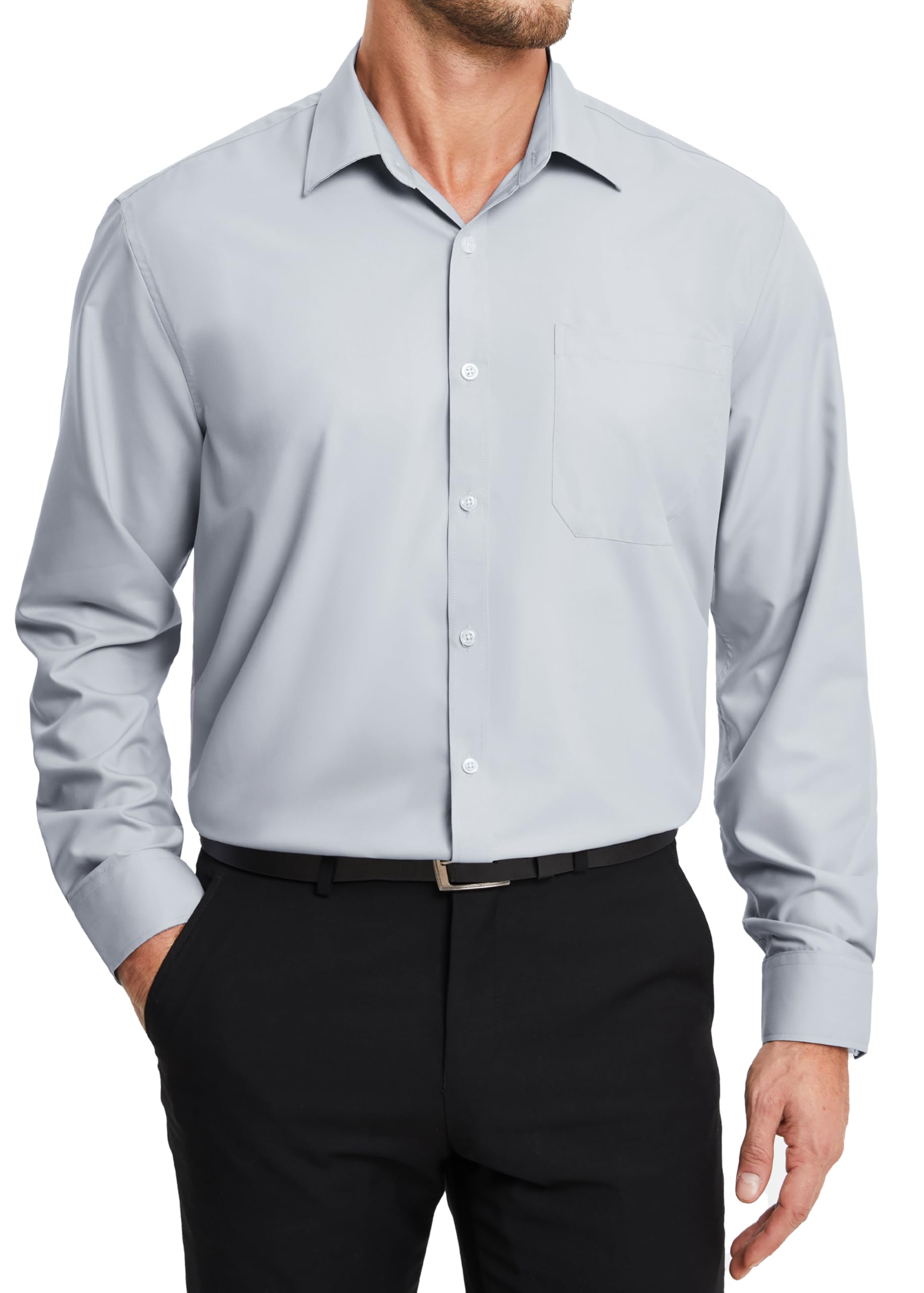 HISDERN Camisa de Manga Larga para Hombre de Vestir y Negocios - Informal de Ajuste Regular - Fibra de Bambú Sin Hierro Con Bolsillo S-4XL