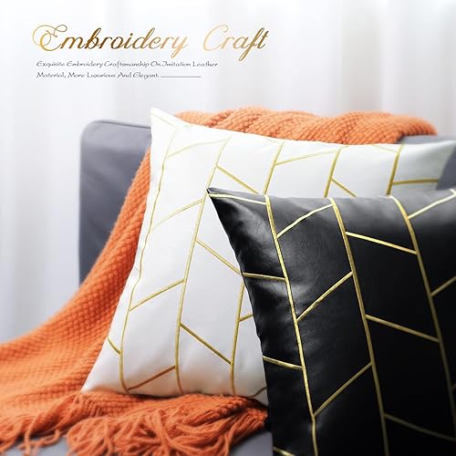 Miniatura 5 de BRAWARM Fundas de almohada de piel sintética de 20 x 20 pulgadas, fundas de almohada de cuero negro y dorado, paquete de 2, almohadas decorativas de