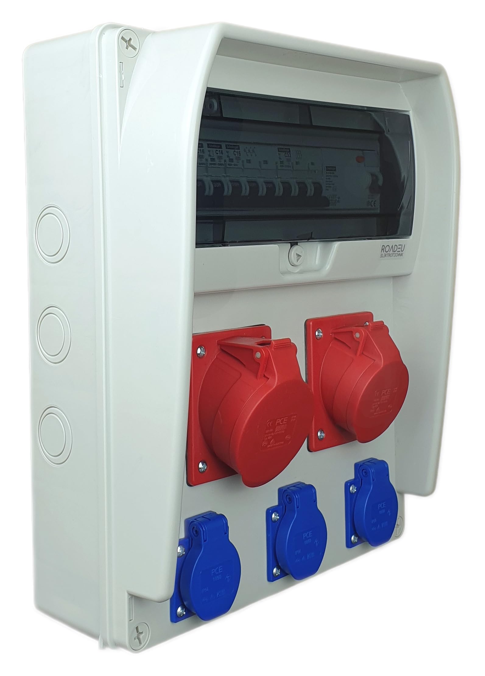RoadEu - Caja de Distribución Eléctrica - Enchufe 32A y 16A con Schuko 230V - Distribuidor de corriente con interruptores automático y 1x diferencial. IP44 Ideal para Taller, Cobertizo y Fábricas