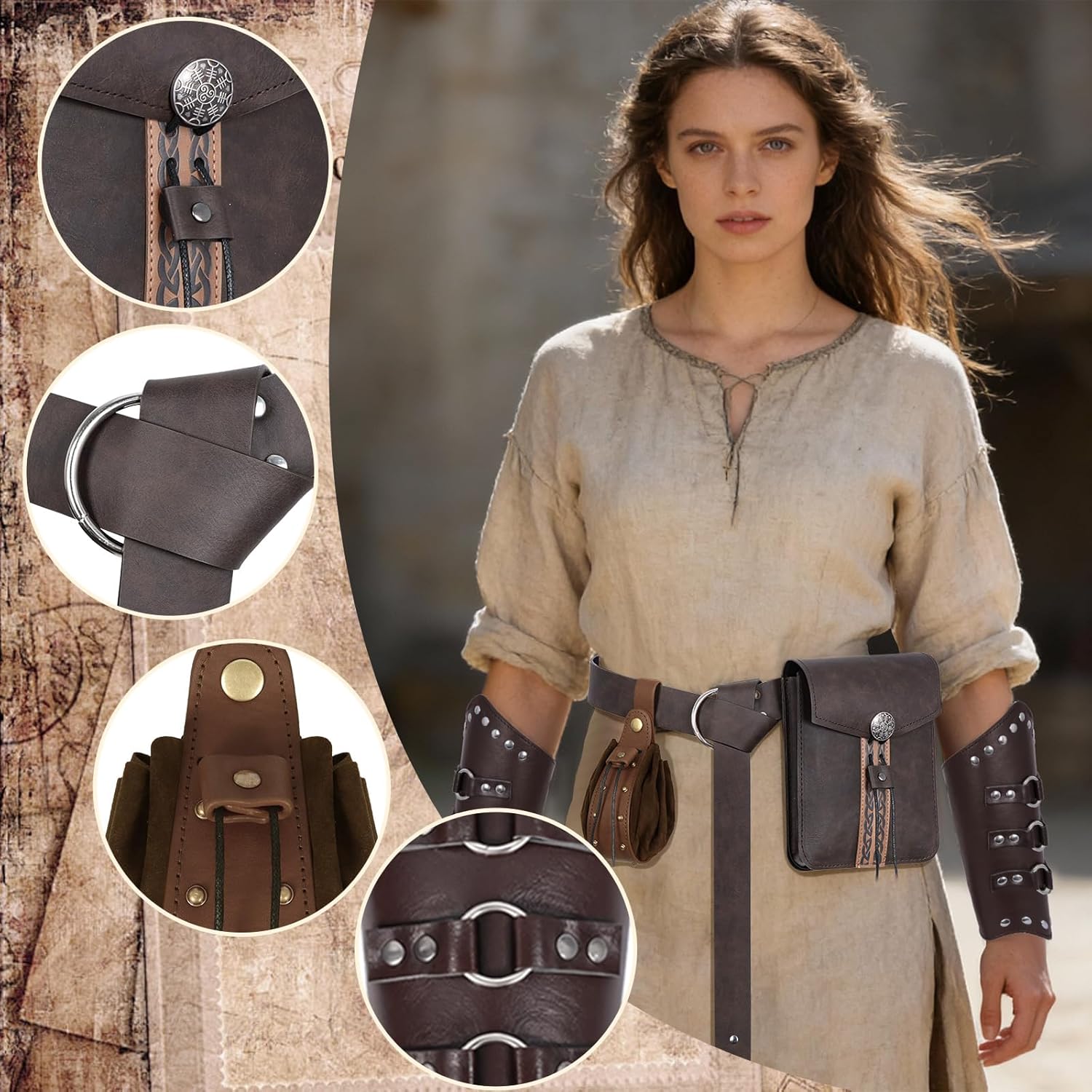 Renaissance Medieval Belt Pouch Set - Viking Accessories with Waist Bag, Purse & Leather Bracers for Halloween, LARP (Brown) - Image 2