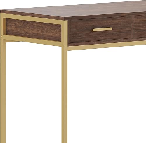 Miniatura 7 de Martha Stewart Ollie Escritorio de oficina en casa con 3 cajones en grano de madera de nogal con herrajes de latón pulido