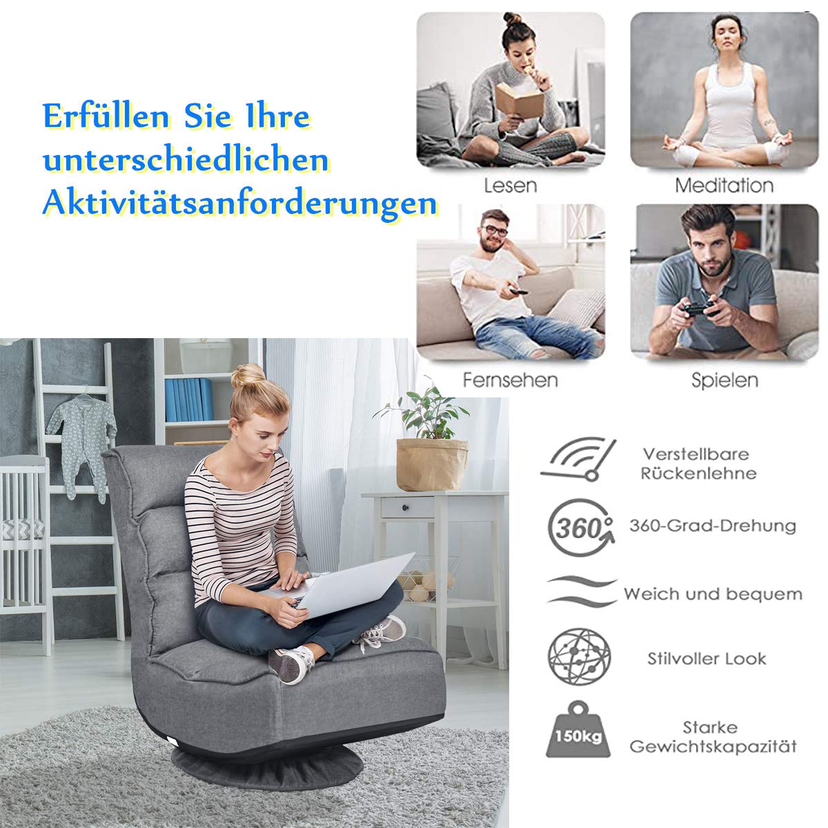 RELAX4LIFE Bodenstuhl Klappbar, Bodensessel Mit 7-Fach Verstellbarer Rückenlehne & 360° Drehbarem Sockel, Relaxsessel Bis 150 Kg Belastbar, Lazy Sofa Mit Armlehnen, Für Wohnzimmer, Schlafzimmer, Büro
