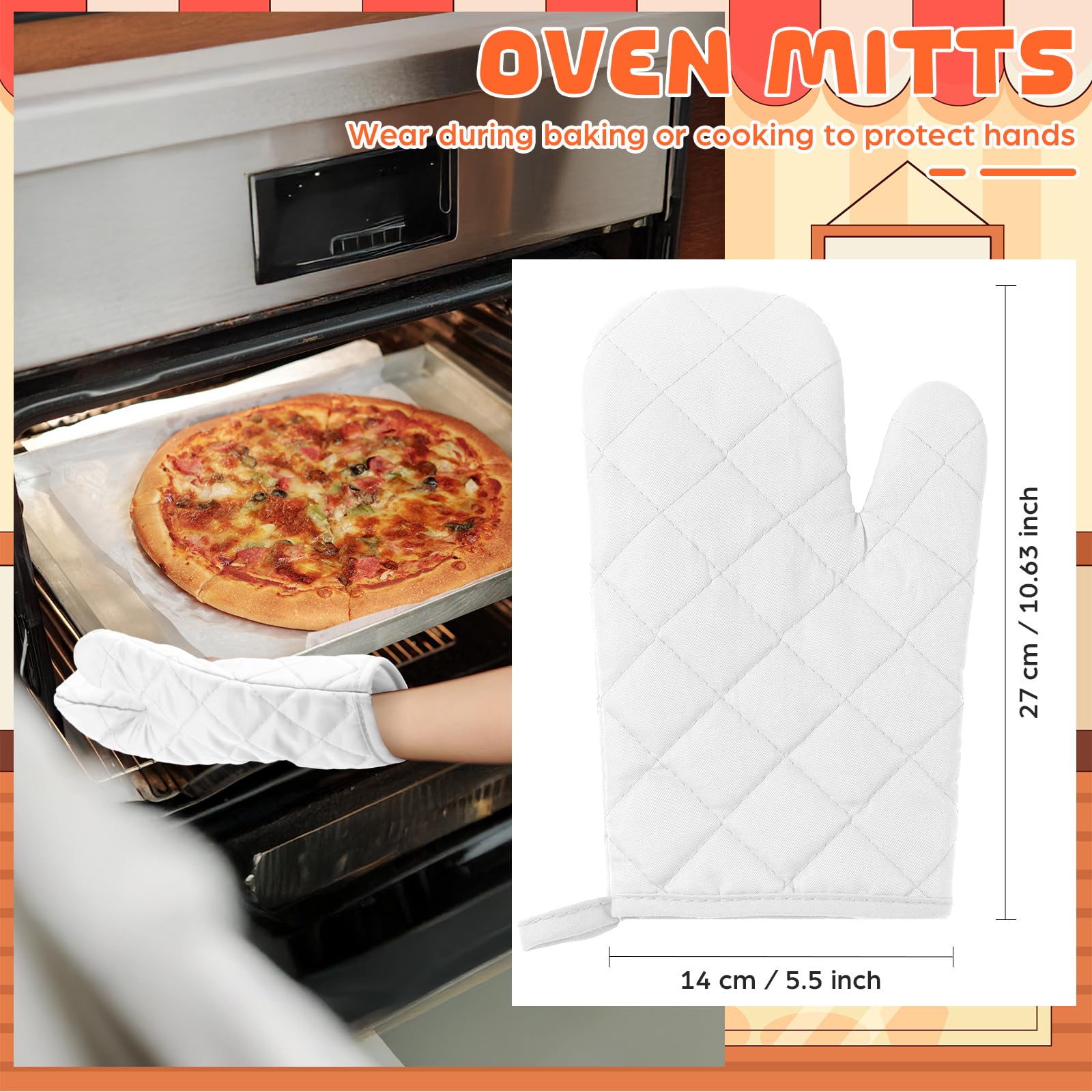 6 pares de guantes de horno resistentes al calor, guantes de cocina de 11 pulgadas de largo, acolchados, de algodón y poliéster, para cocinar, hornear, asar a la parrilla (blanco)
