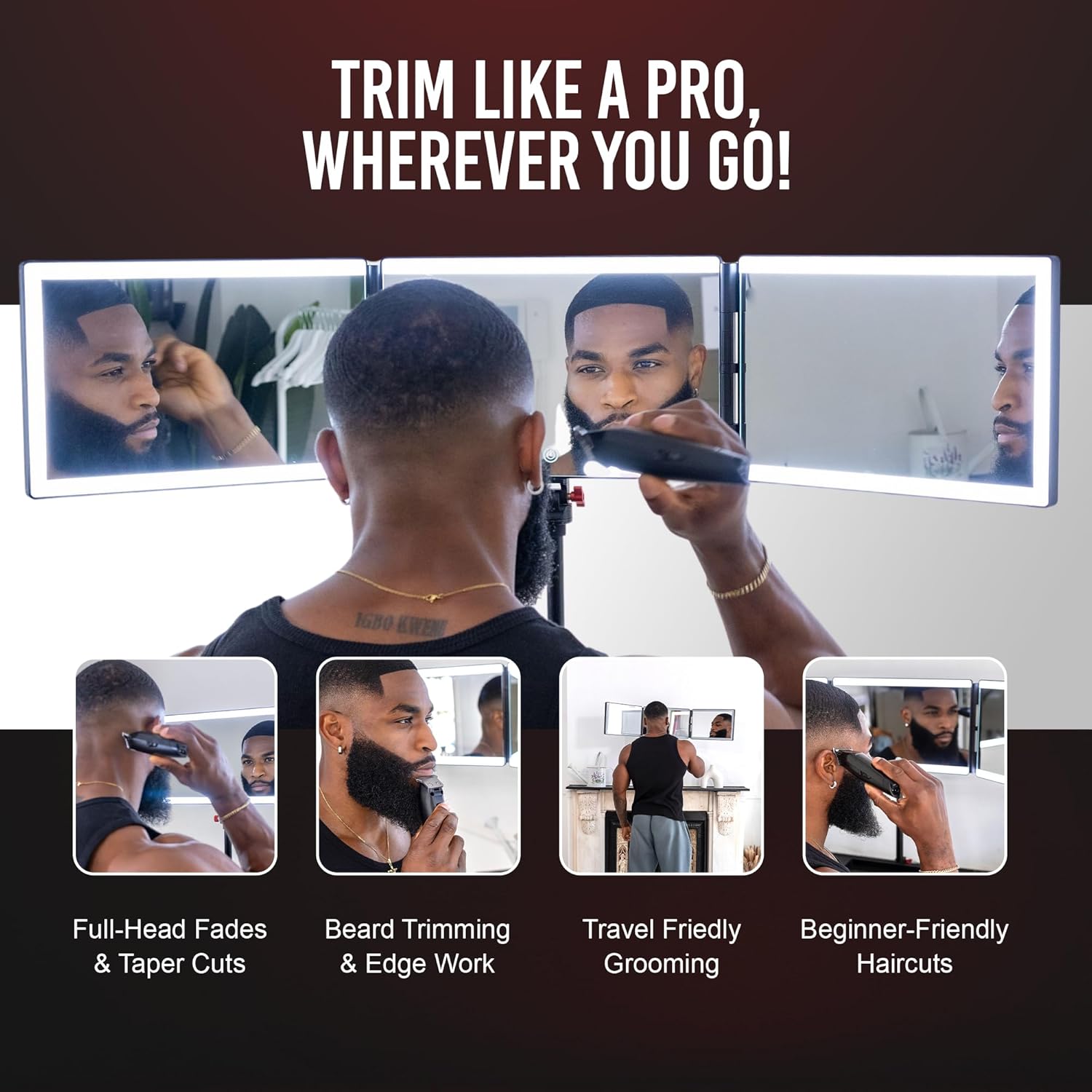 Self-Cut System Angel Lights Tripod - 3 Way Mirror for Self Hair Cutting - Includes Attachable Clipper & Trimmer Tray - Trifold Barber Mirror - Adjustable Height & Brightness - Travel-Friendly