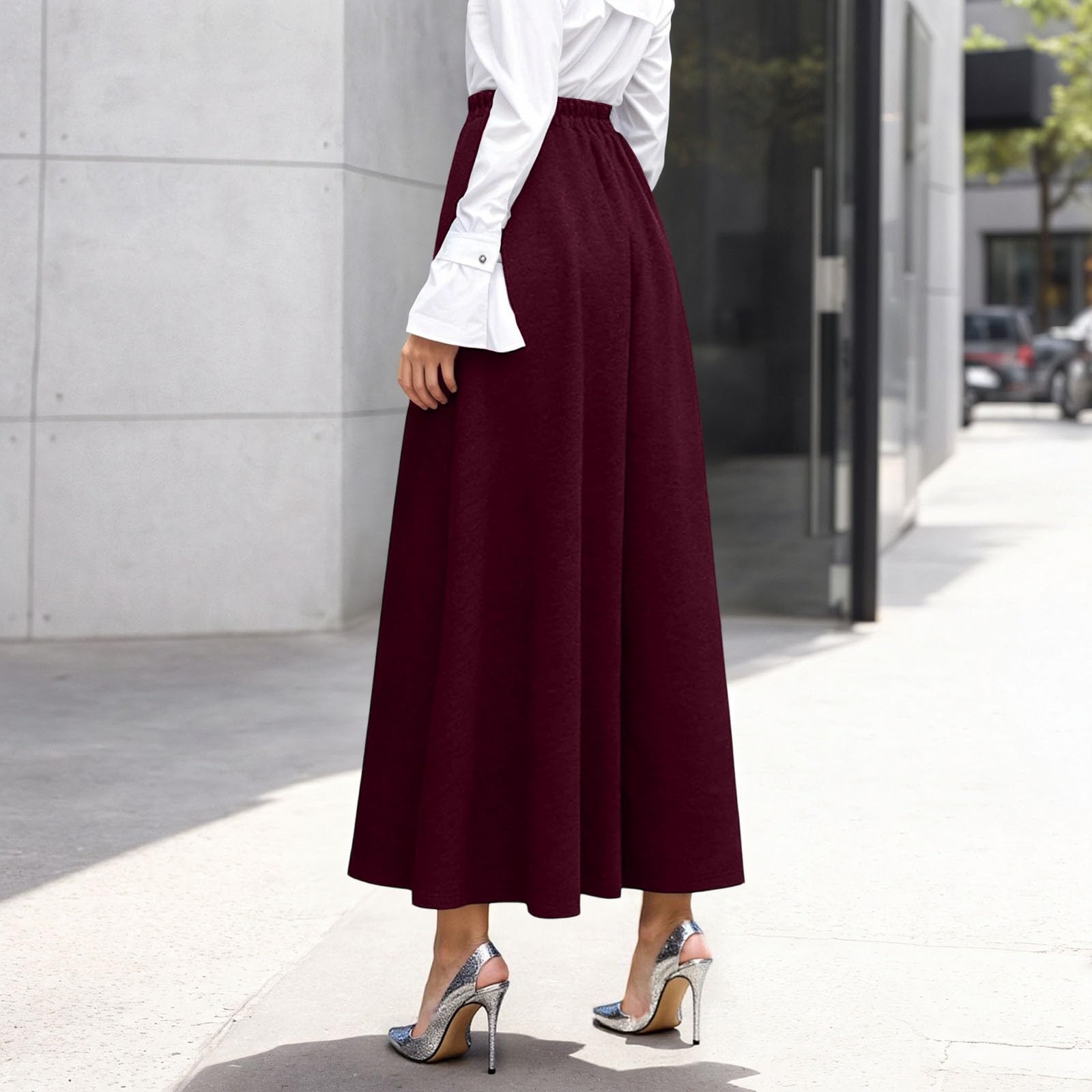 Falda midi plisada de talle alto tejido mixto acampanado oscilante cálido invierno estructurado elegante festivo falda larga con bolsillos