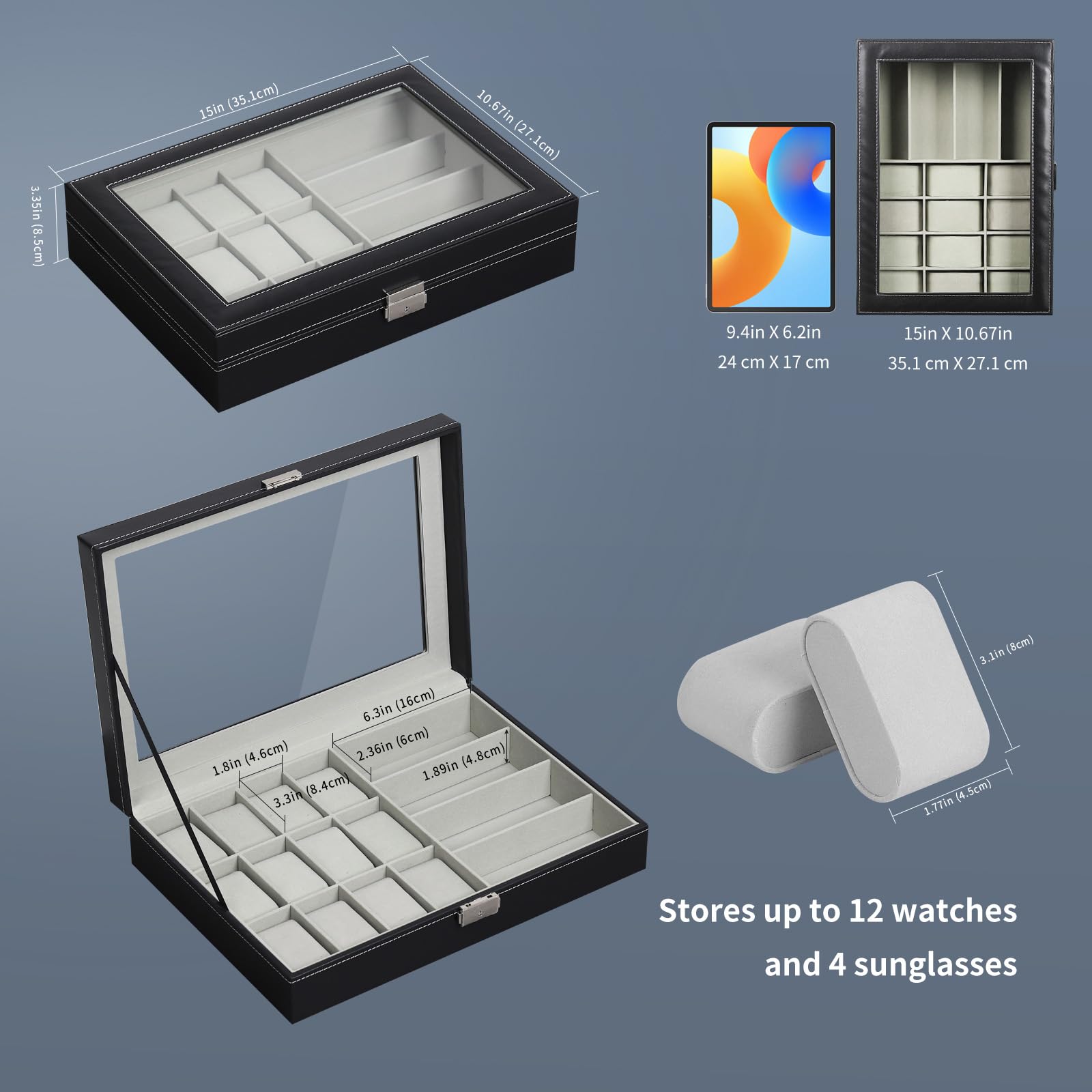 AUTOARK Leather 12 Watch Box Jewelry Case and 4 Piece Sunglass Eyeglasses Organizer,Mens Women Storage Holder Boxes,Large Glass Top,Black,MKAW044