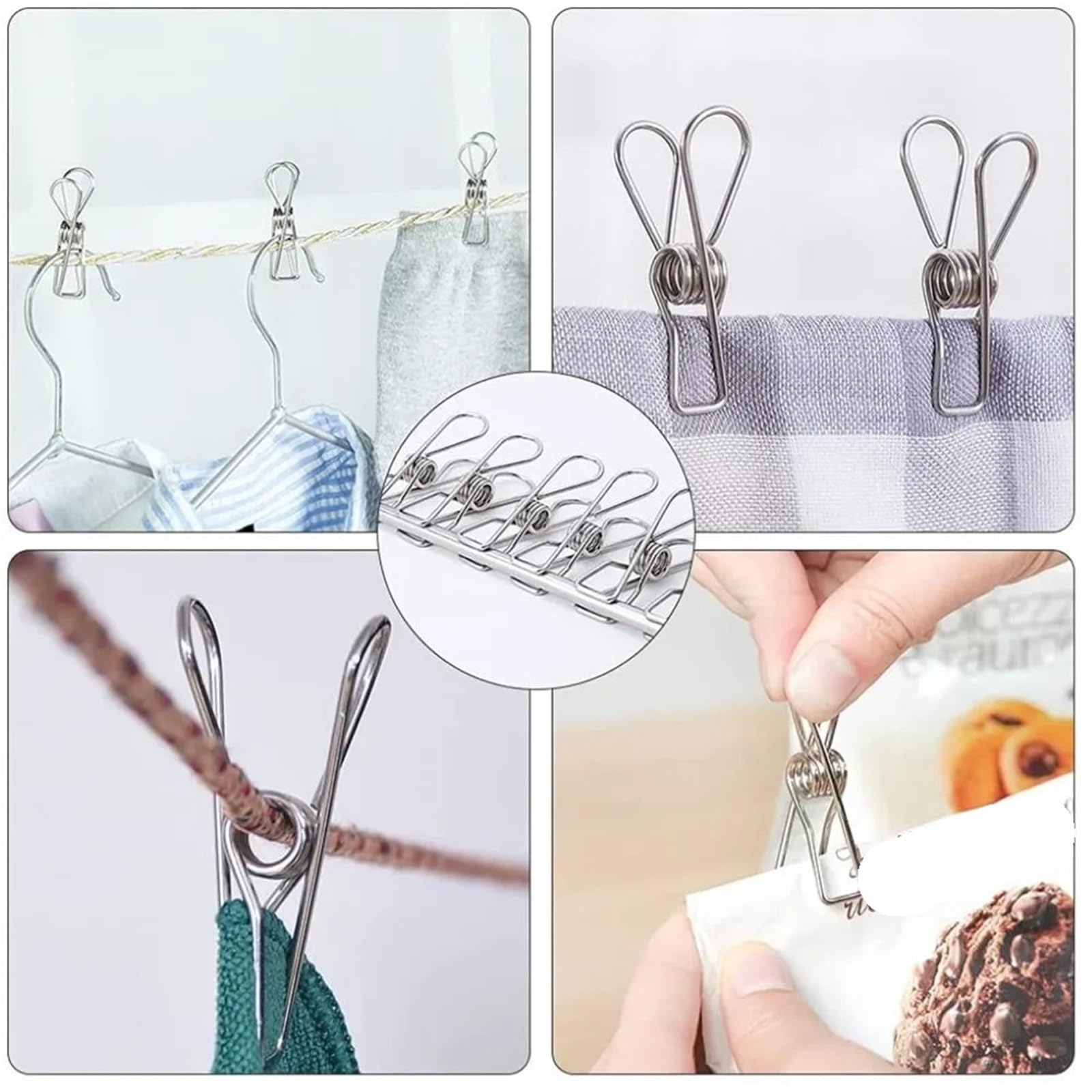 100 Pz 6 cm Mollette da bucato in acciaio inossidabile Clip di tenuta Stoccaggio in metallo Organizzatore cucina Strumento Pin stoffa Supporti for clip Per Vestiti