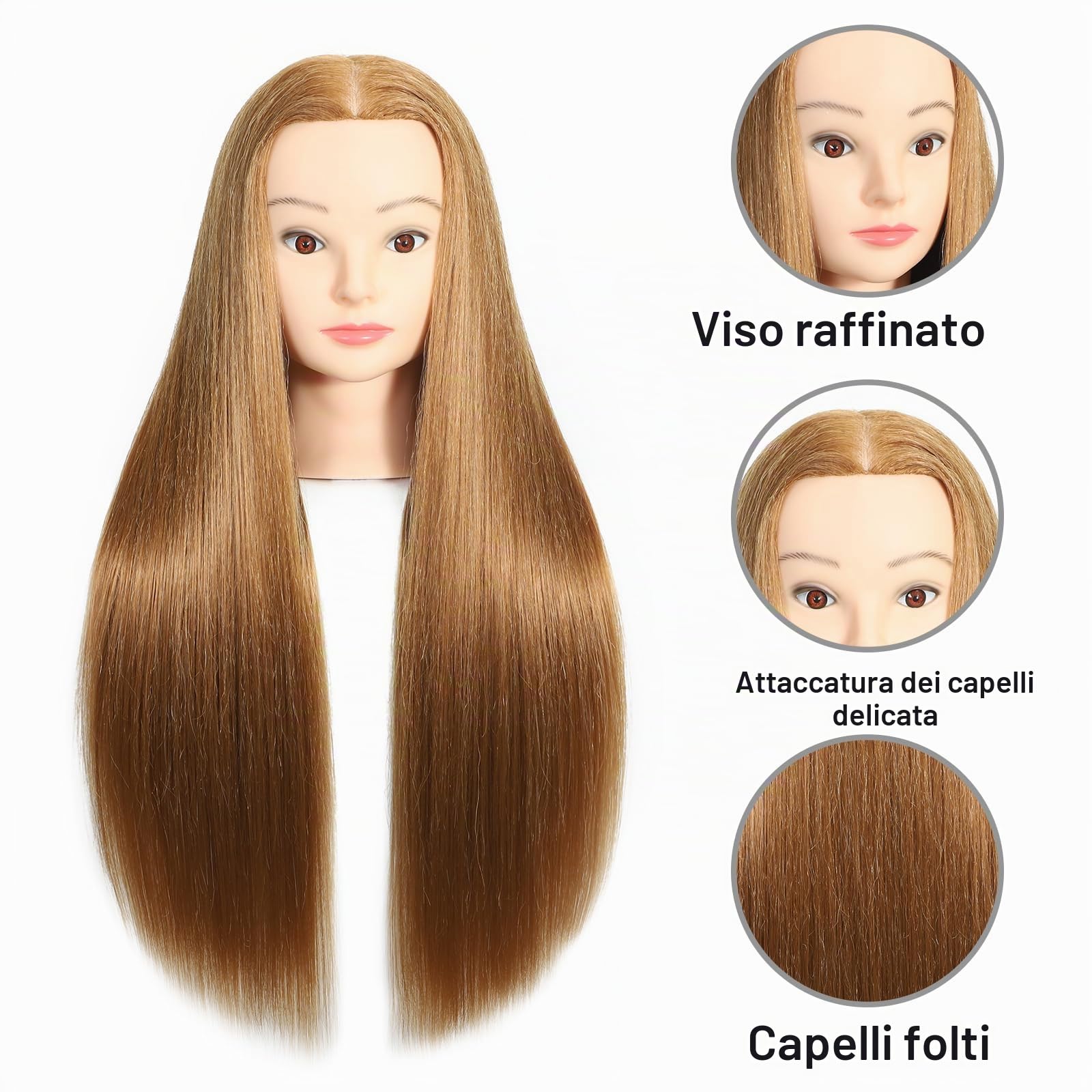 Testa di manichino per pratica con le acconciature, con capelli sintetici al 70% e naturali al 30%, 61-66 cm, morsetto incluso
