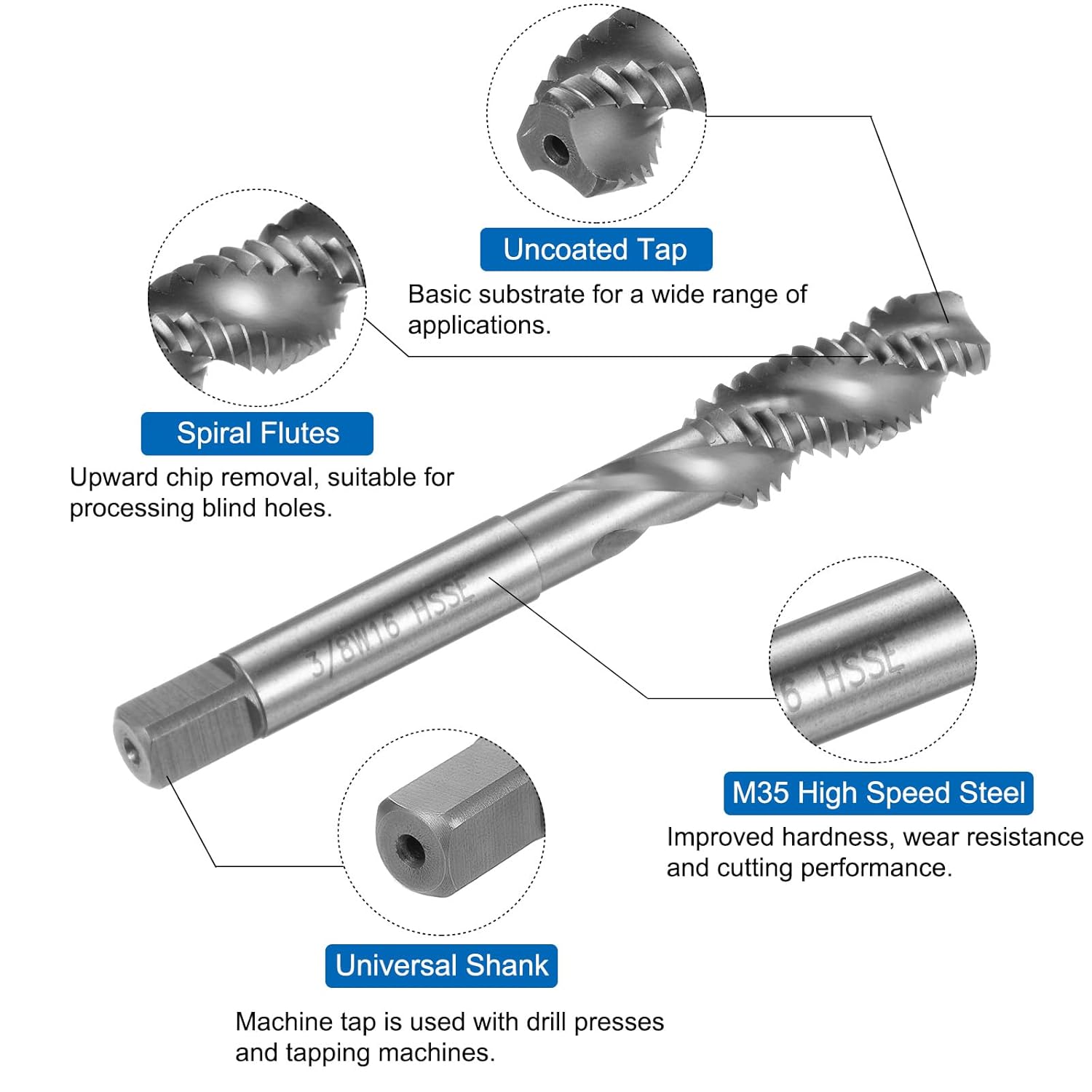 uxcell 2pcs Spiral Flute Thread Taps, 3/8-16 BSW H2 Screw Threading Tap, Machine Tapping Tools for Machinist Repair (M35 Cobalt High Speed Steel (HSS-CO), Uncoated)