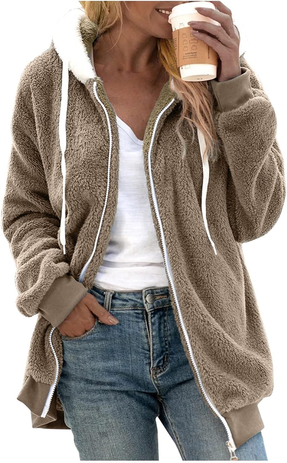 SNKSDGMSweatshirt for Women Long Sleeve Zipper Sherpa Sweatshirts Jackets Fashion Shearling Loose Hoodie Coats Overcoat