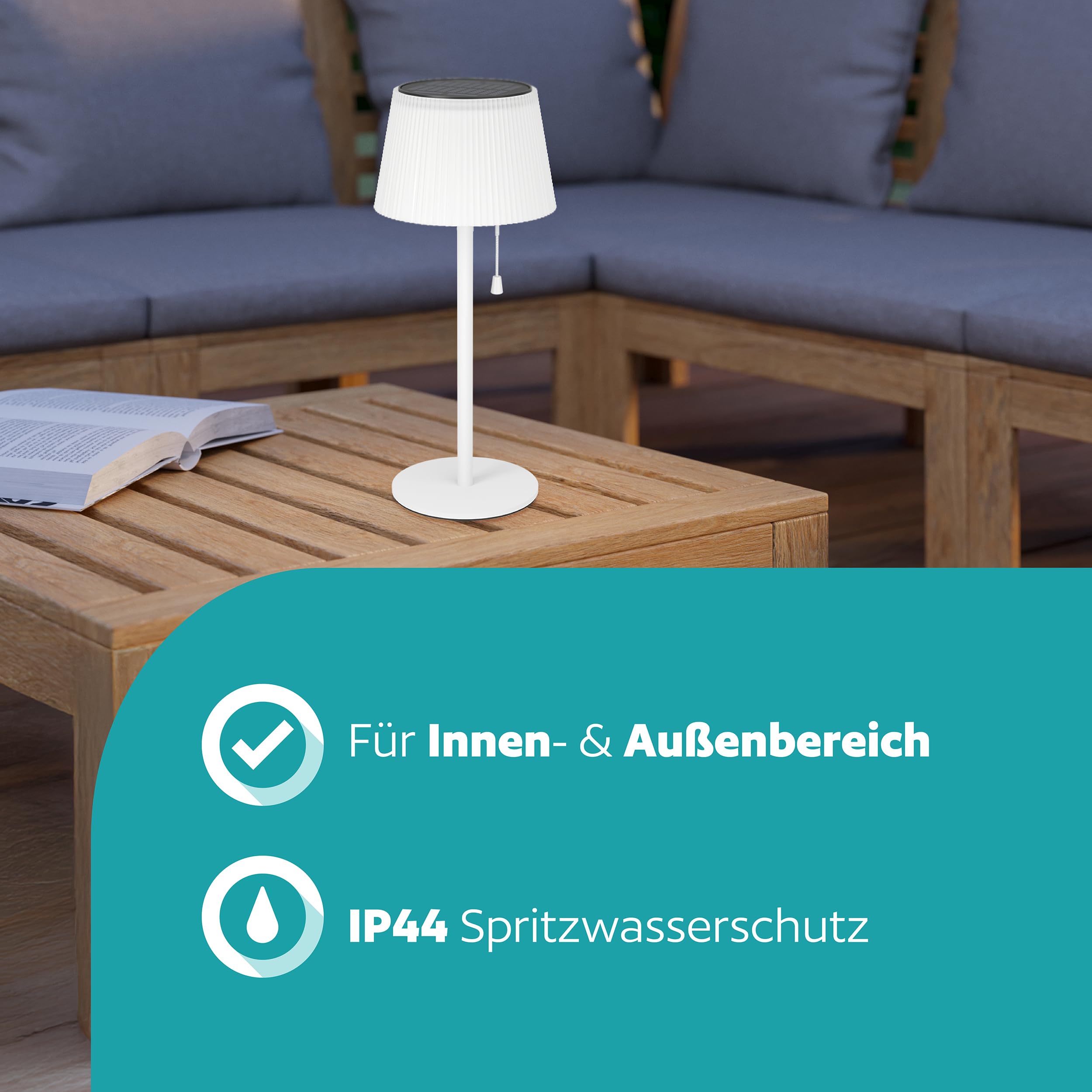 EGLO Solar Tischleuchte Scordiano, Outdoor Akku Tischlampe mit Zugschalter, kabellose Solarlampe für außen, Stahl und Kunststoff in Weiß, warmweiß - kaltweiß, IP44