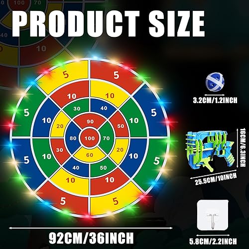 Miniatura 2 de Glimin Tablero de dardos LED grande de 36 pulgadas para niños, 2 en 1 de doble cara con pistola de juguete, 20 bolas adhesivas LED, planeta gigante,