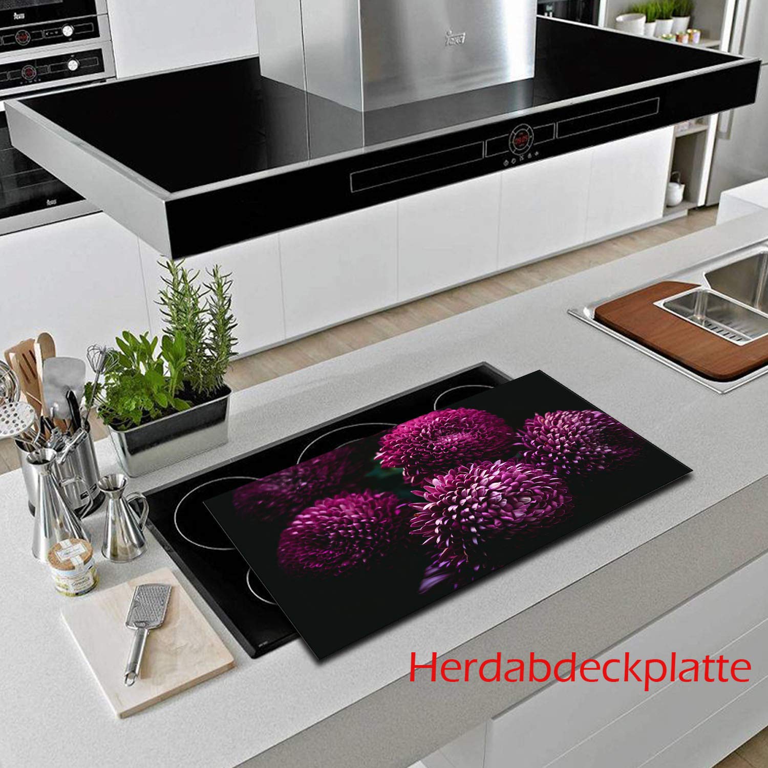 Piastra Copripiano Cottura In Vetro 80x52 Cm - Multiuso, Motivo Floreale Viola, Per Piani A Induzione