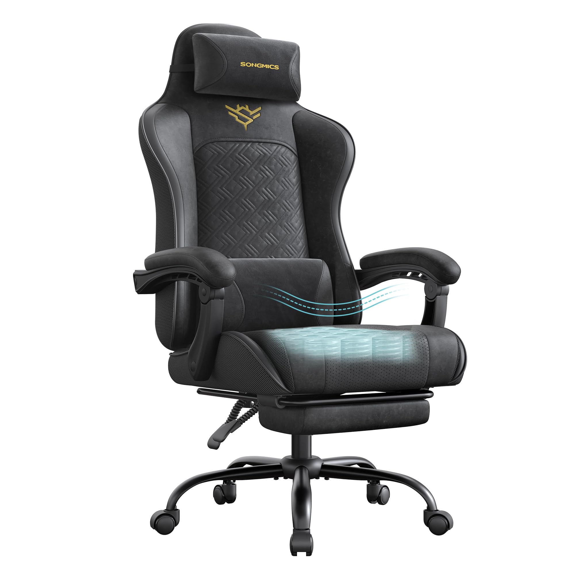 SONGMICS Silla Gaming, Silla Ergonómica de Escritorio, con Resortes, Reposapiés y Reposabrazos, Negro Tinta OBG079B01