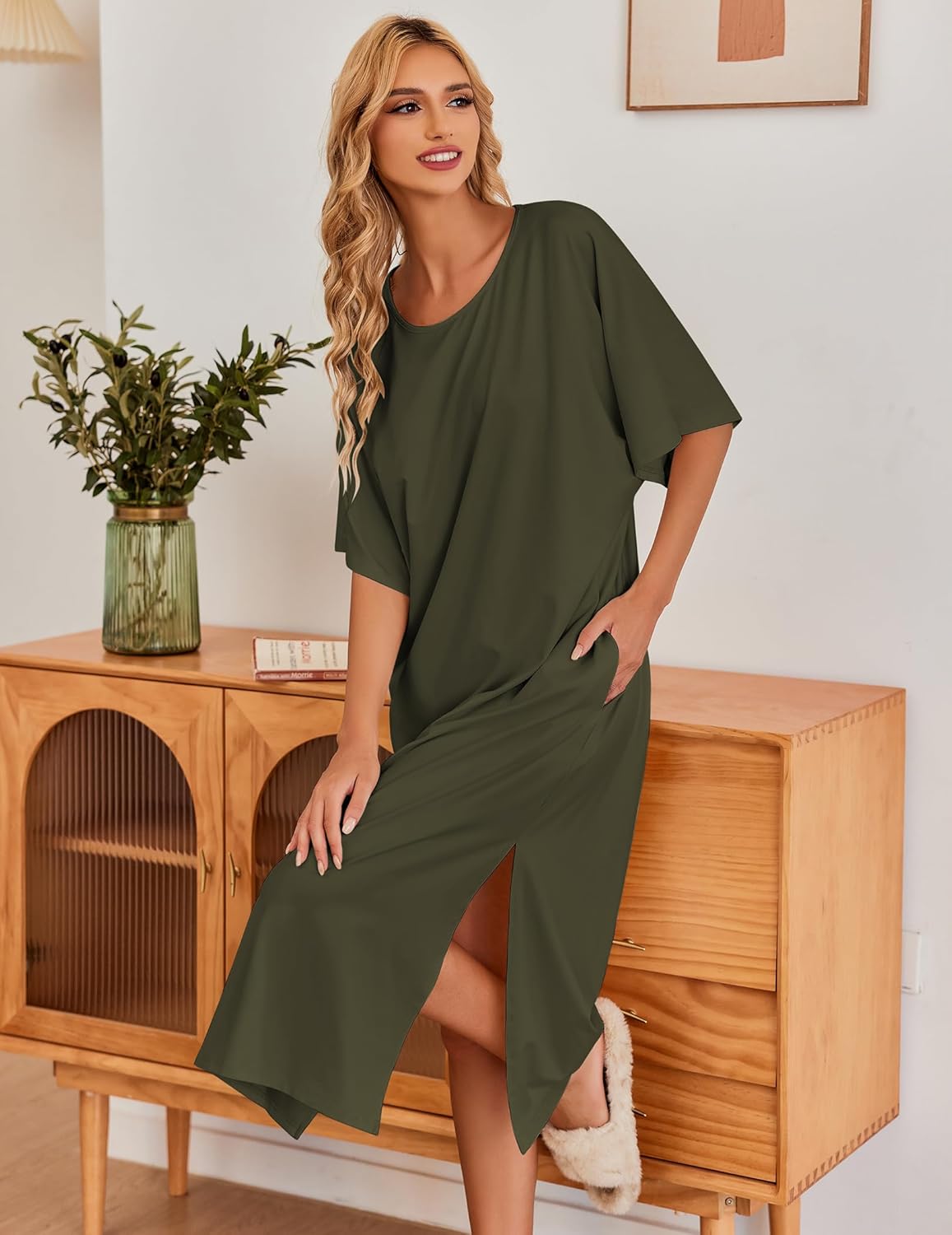 Ekouaer Women's Nightgown Short Sleeve Sleepshirt Long Loungewear Casual Maxi Lounge Dress House Dresses with Pockets,Army Green,XXXL - Image 3