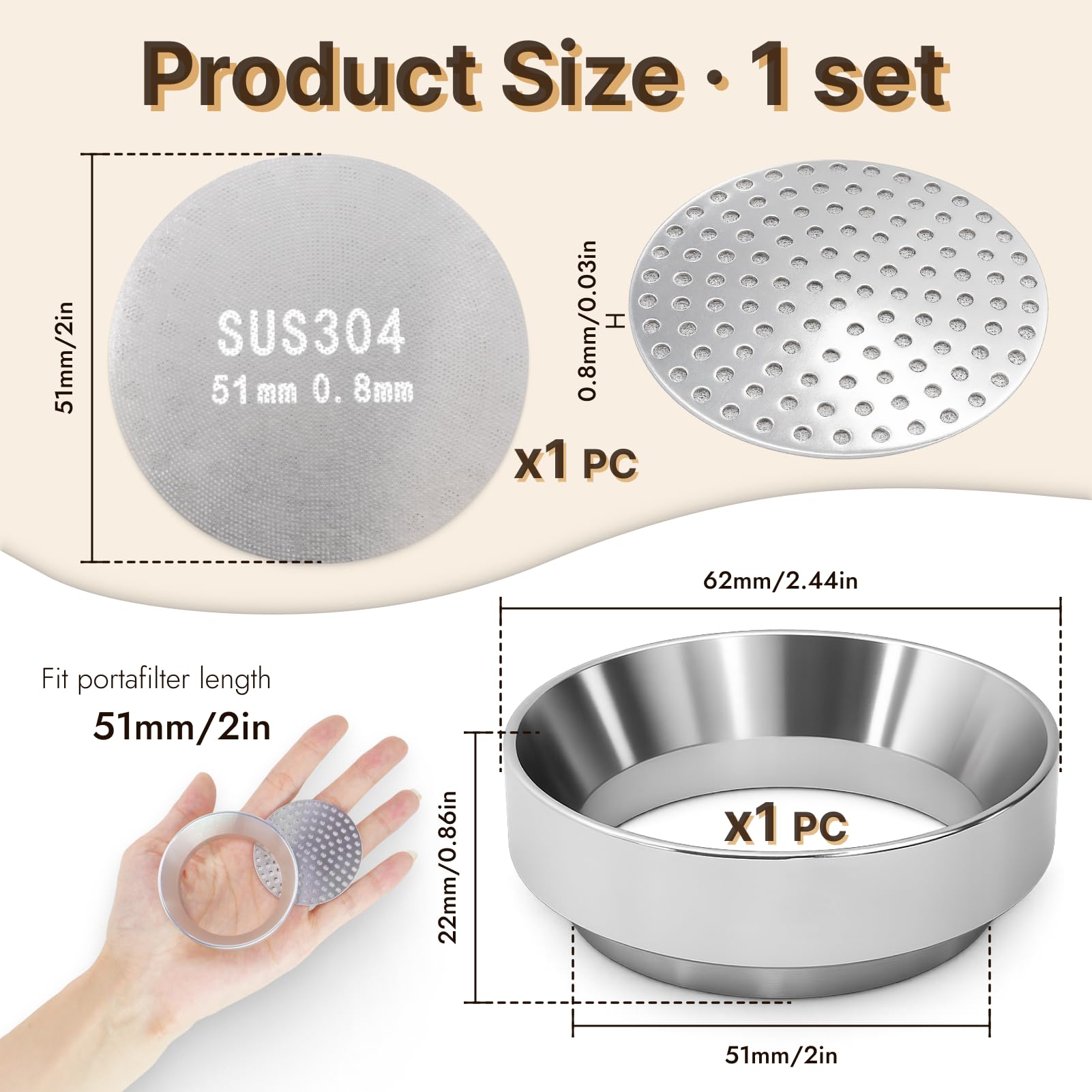 51 mm koffiedoseerring, magnetisch en puck screenset, 2-delige espresso