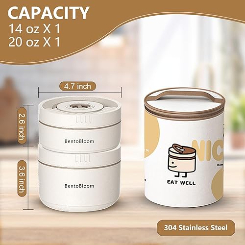 Miniatura 4 de Bento Box - Lonchera redonda apilable para mujeres (15.2 fl oz y 20.3 fl oz) con bolsa de transporte aislada, insertos extraíbles de acero