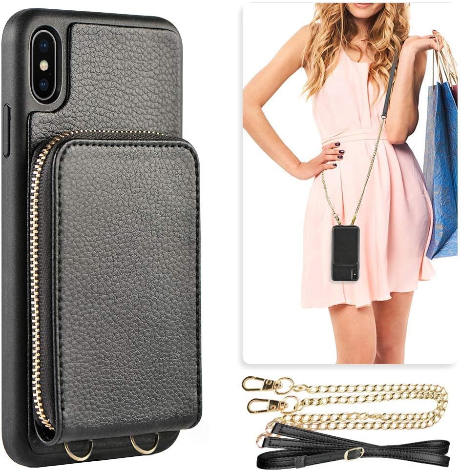 JLFCH iPhone XR Wallet case, iPhone XR Card Holder Case with Crossbody Wrist Strap Leather Zipper Purse Mini Handbag Shockproof Protective Back Cover Case for Apple iPhone XR 6.1 inch - Black