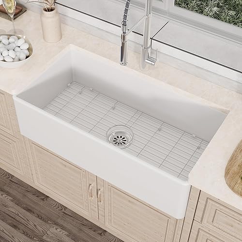 Fregadero de arcilla refractaria de 36 pulgadas, fregadero de cocina de un solo tazón frontal con delantal de granja, fregadero de montaje inferior