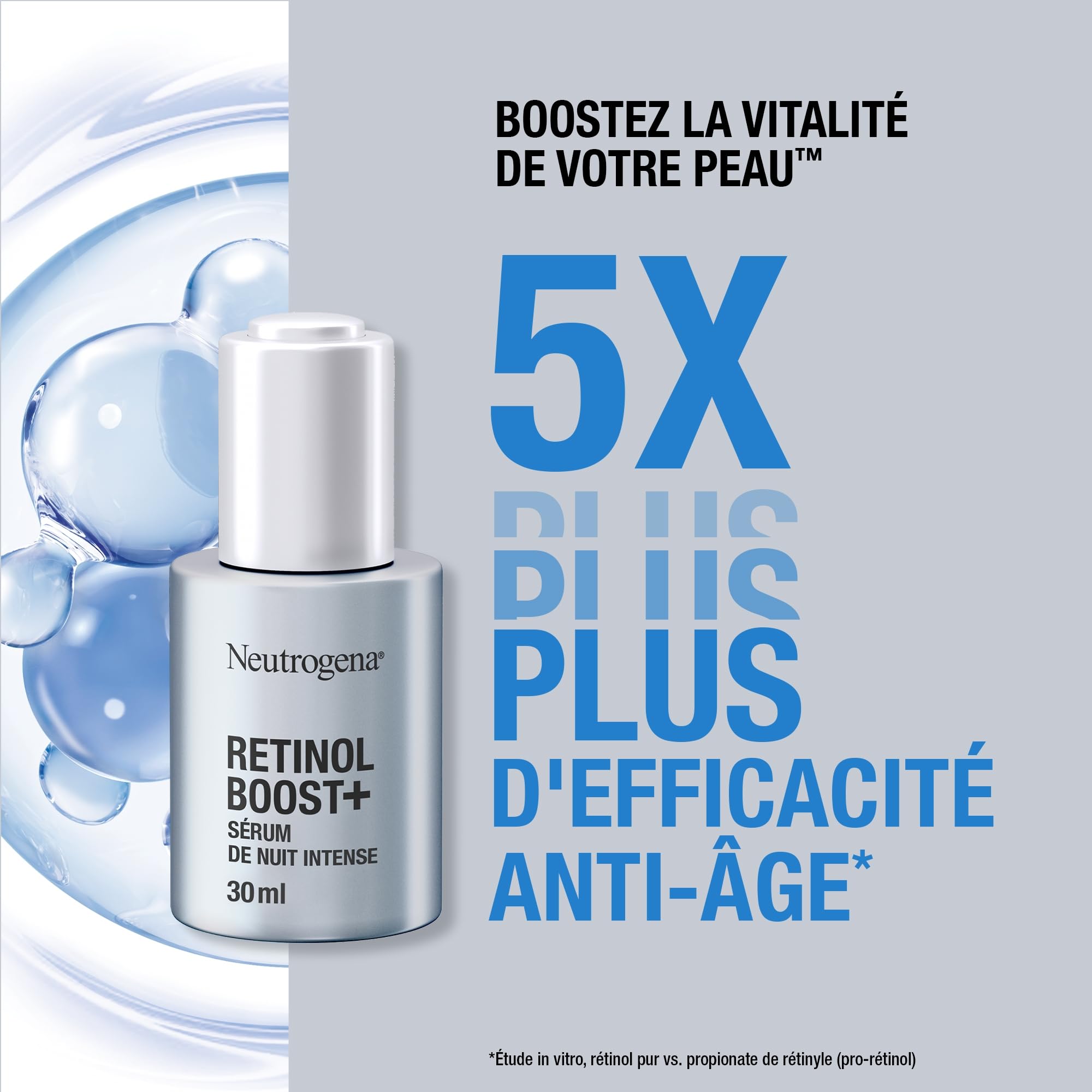 Neutrogena – Sérum de Nuit Intense Anti-Âge Retinol Boost+ (flacon de 30 ml avec pipette) – Sérum anti-âge nourrissant au rétinol – Soin du visage pour réduire l'apparence des rides même profondes