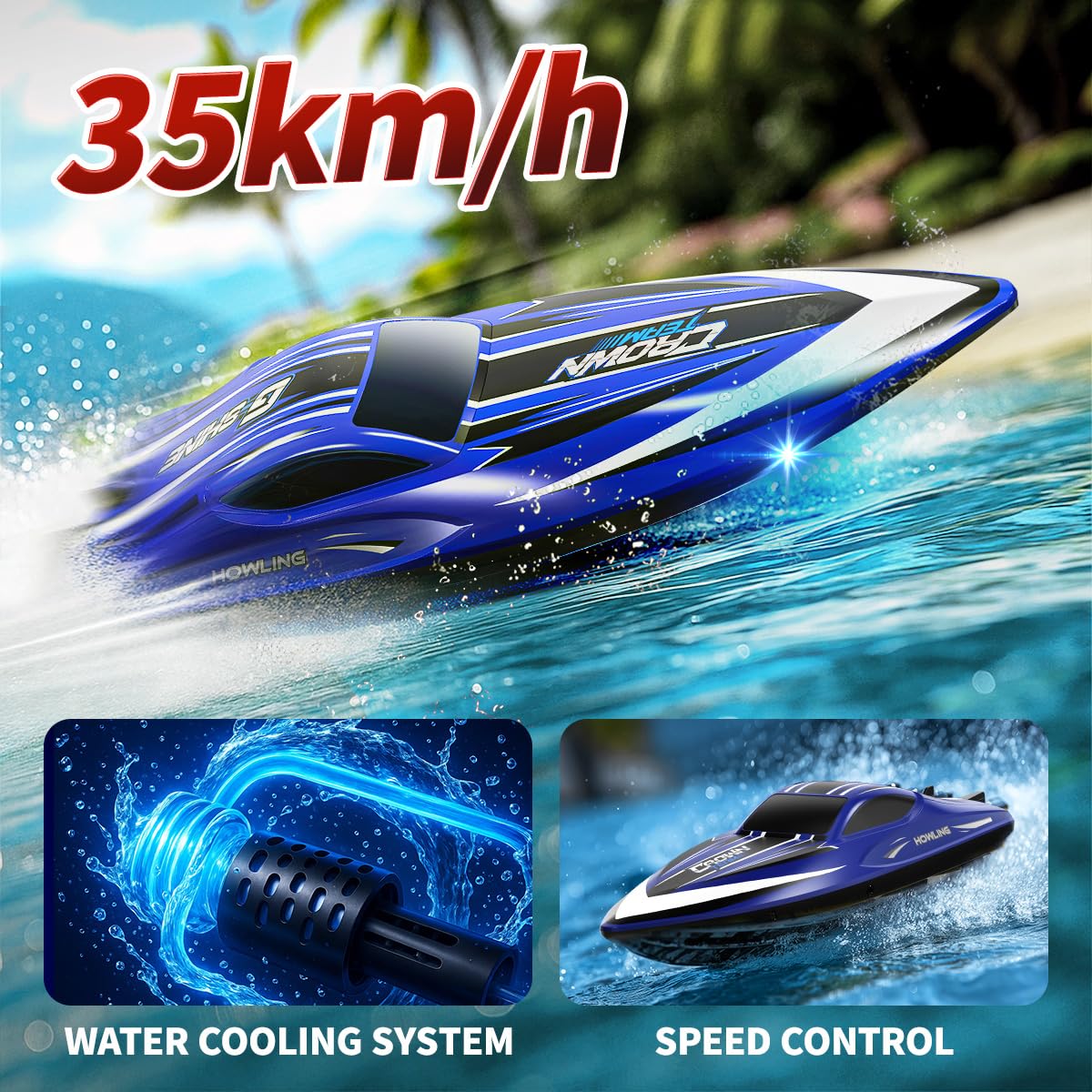 Barco teledirigido RC 35 km/h,barco de control remoto rápido e impermeable 2.4GHz,LED, Función de volteo,alarma de batería y alcance,2 baterías ,para niños y adultos, piscina y lago,Regalos divertidos