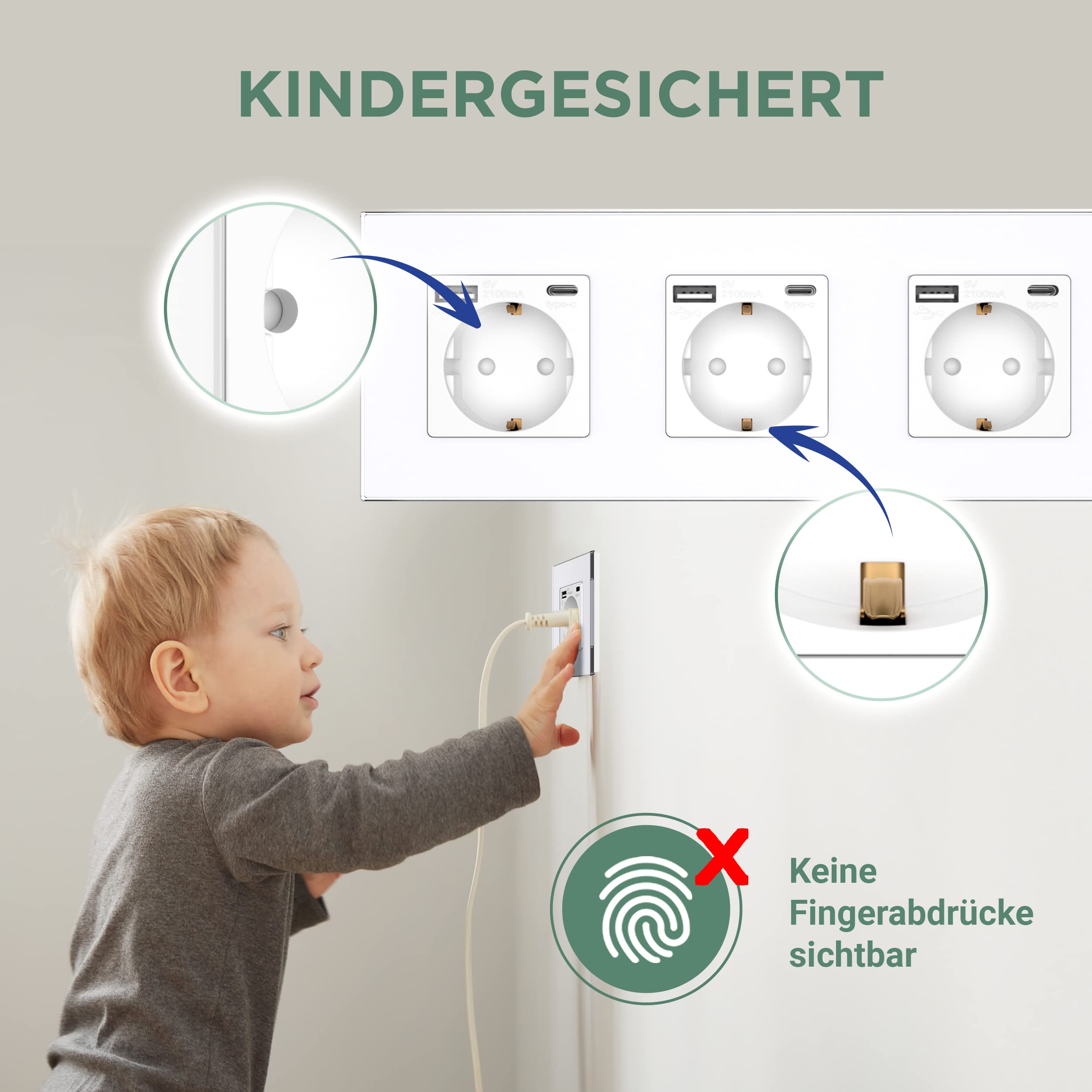 PULSAR Steckdose Unterputz mit USB-C, A 4-Fach Weiß Glas - Dose mit 20W Schnellladegerät 16A mit Kindersicherung 299x86mm