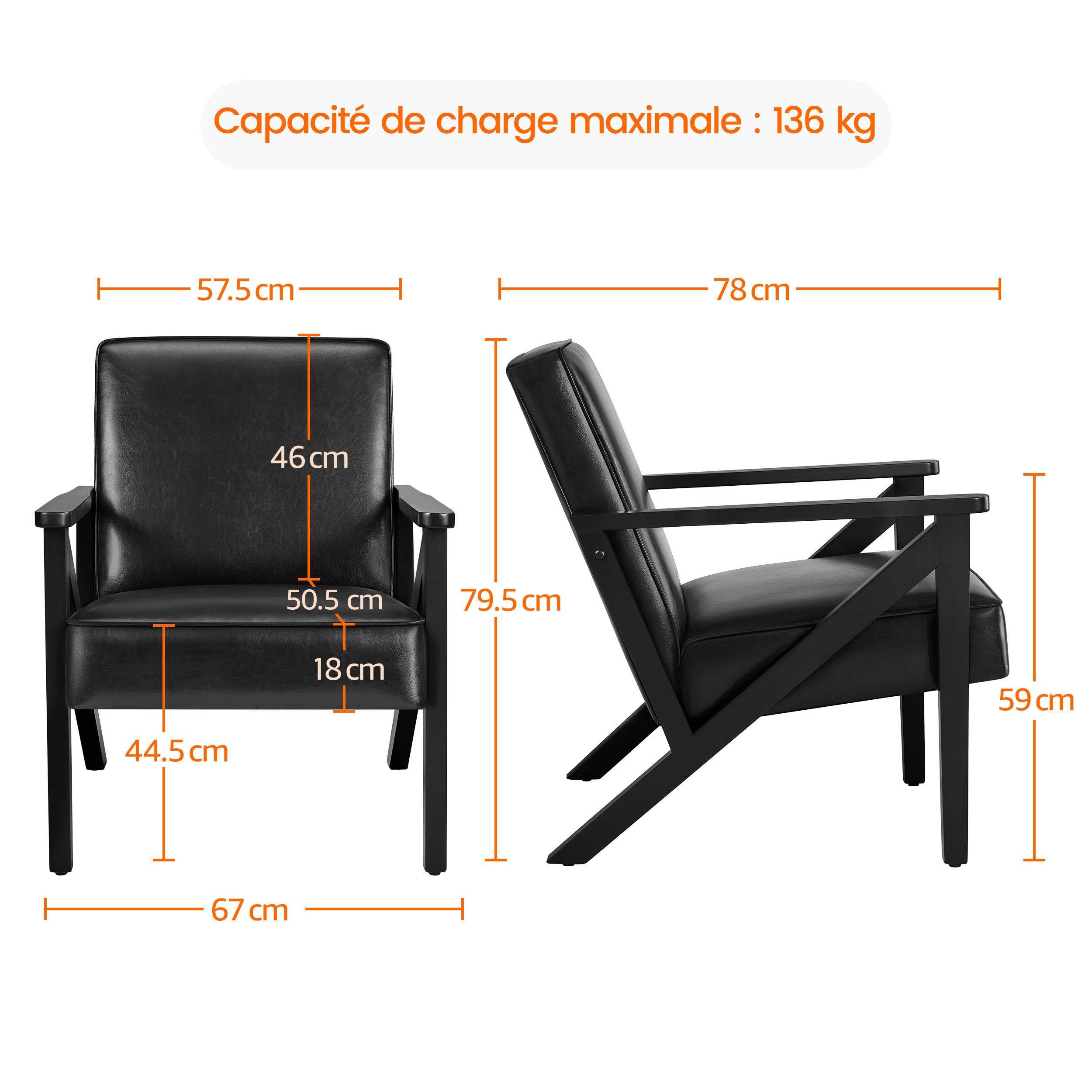 Yaheetech Fauteuil de Salon en Similicuir Fauteuil d’appoint avec Cadre en Bois Pieds et Accoudoirs en Forme de Z Siège de Bureau Chambre Réception Noir