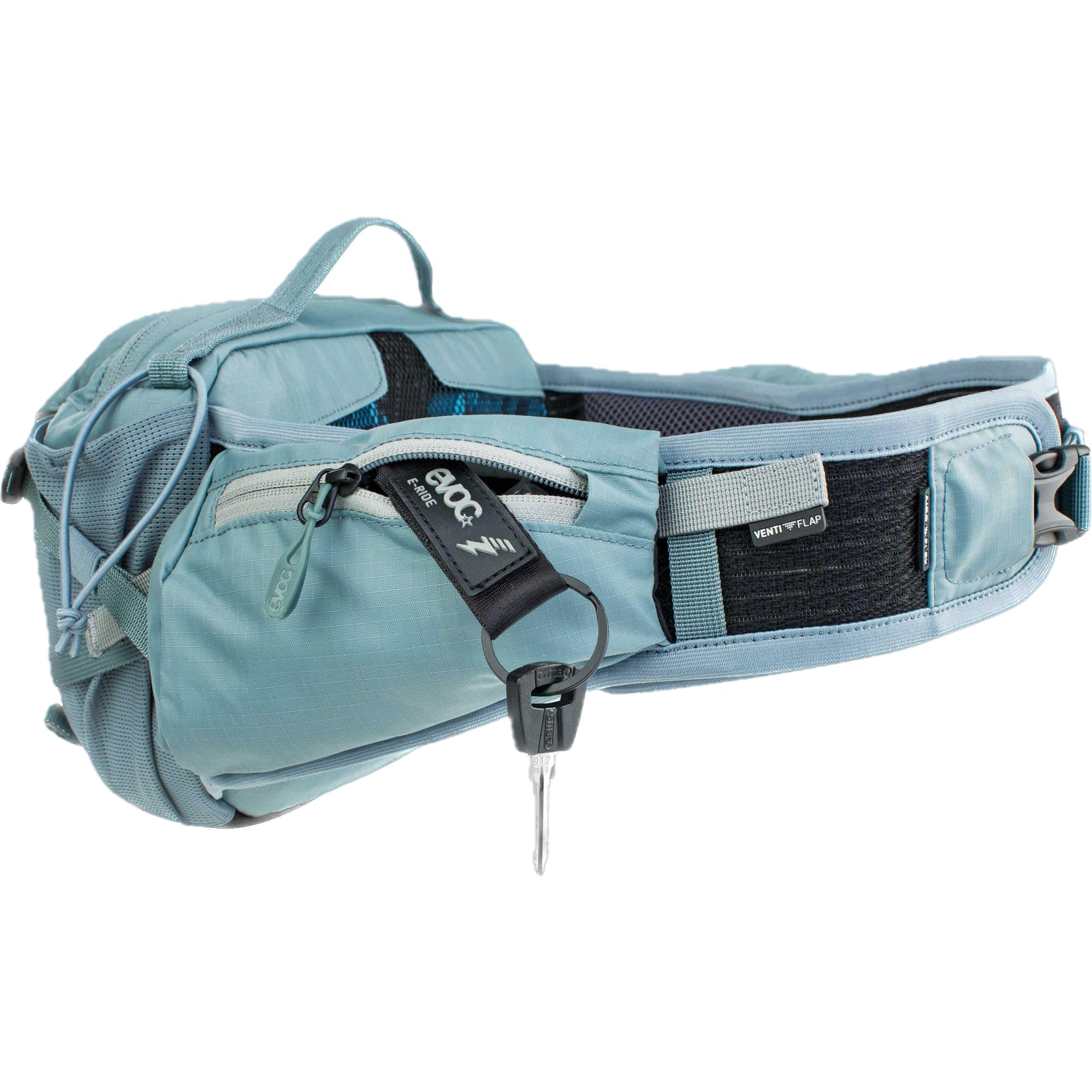 Torba biodrowa EVOC HIP PACK PRO E-RIDE 3 na wycieczki rowerowe i szlaki (pojemność 3 l, AIRFLOW CONTACT SYSTEM, pas biodrowy AIRO FLEX, system VENTI FLAP, koszyk na bidon), kolor: stalowo-szary