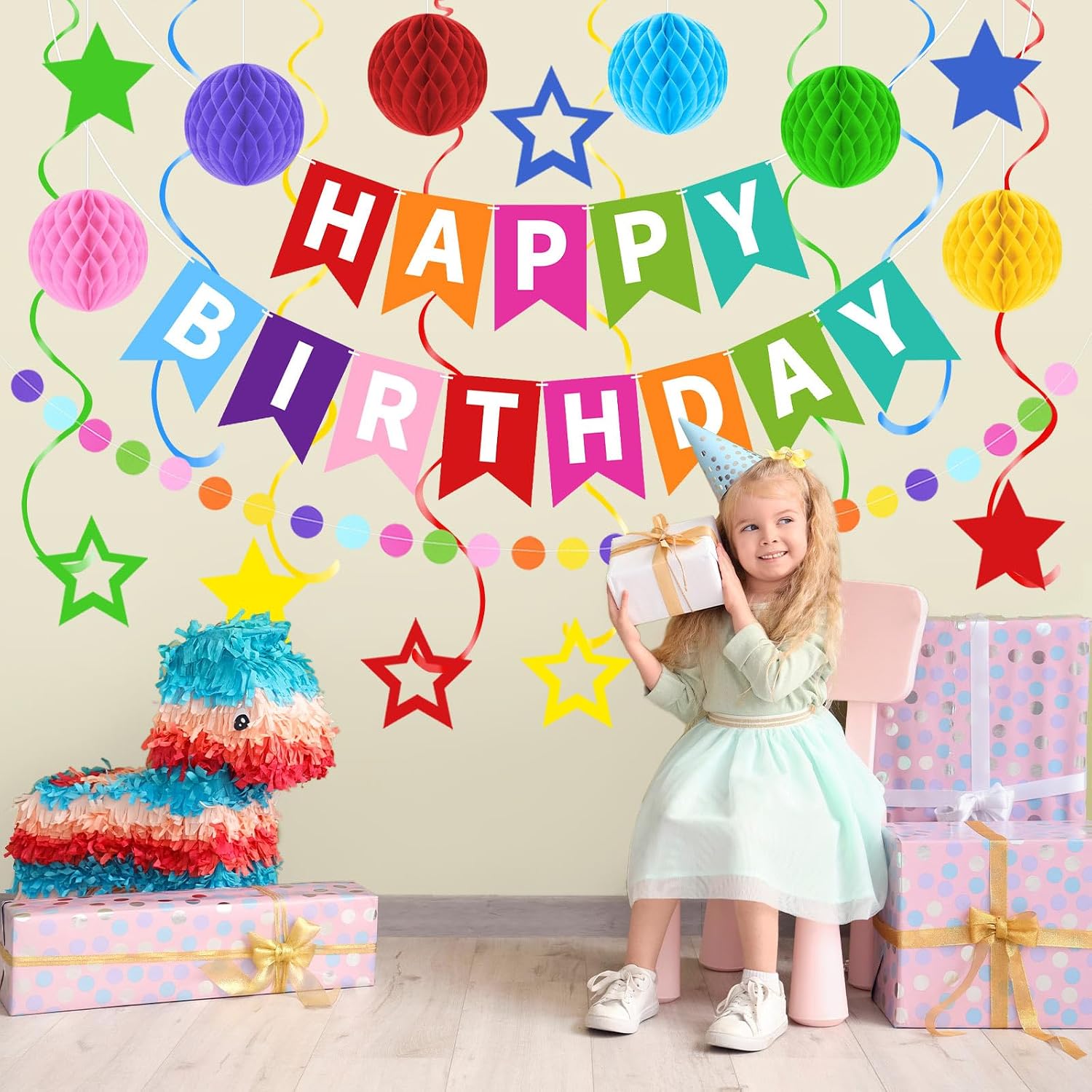 Happy Birthday Banner, Rainbow Birthday Decorations Set with 6 Honeycomb Balls, 8 Star Hanging Swirl Streamers, Circle Dots Garland Perfect for Women, Men, Boys, Girls