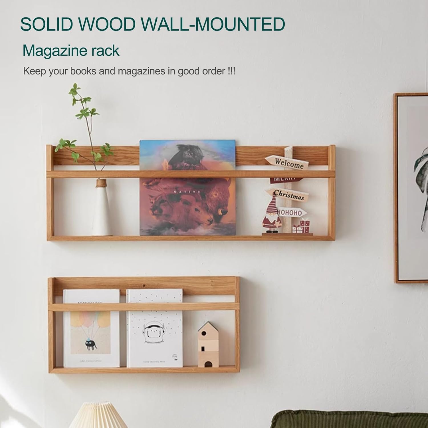 Wood Magazine Rack, Wall-Mounted Brochure Organizer and File Holder, Storage Bookshelf for Waiting Room, Living Room, Office, Home Display