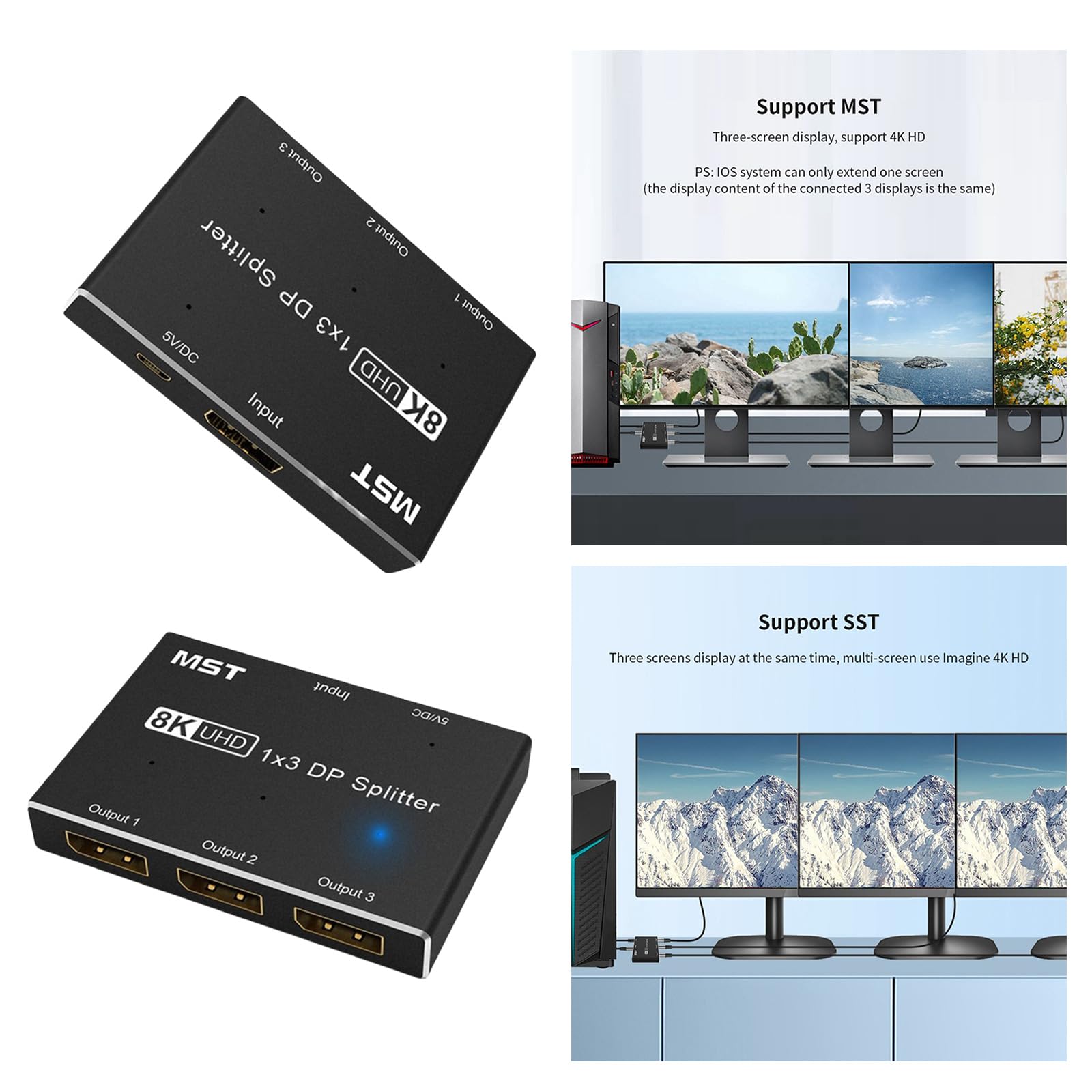 8K HDTV Splitter Switcher Uscita Direzionale 1 in 3 Out Stream Multiplo per PC Host Display a schermo diviso
