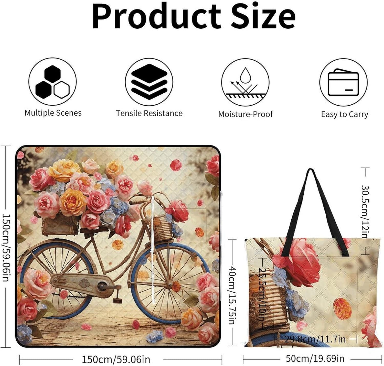 Flower Bicycle Picnic Blanket with Zipper Water Resistant Sand Free Picnic Mat Washable Foldable Easy Carry Beach Blanket for Lawn Beach Hiking Camping