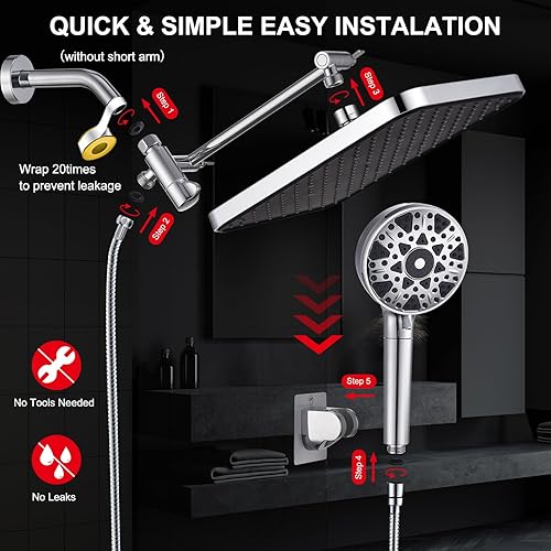 Miniatura 7 de Cabezal de ducha doble de 14 pulgadas, cabezal de ducha de mano de alta presión con filtros para agua dura, 7 rociadores con lavado eléctrico,