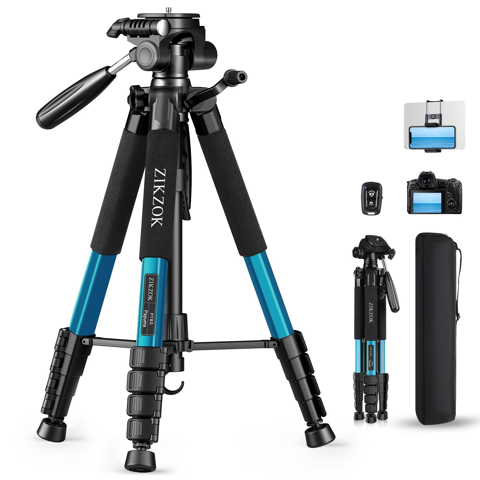 Treppiede da 190,5 cm, telecomando Bluetooth, carico max 6,8 kg, da viaggio, in alluminio per DSLR/telefono/tablet/proiettore, testa panoramica a 3 vie, piastra a sgancio rapido, pieghevole (blu)