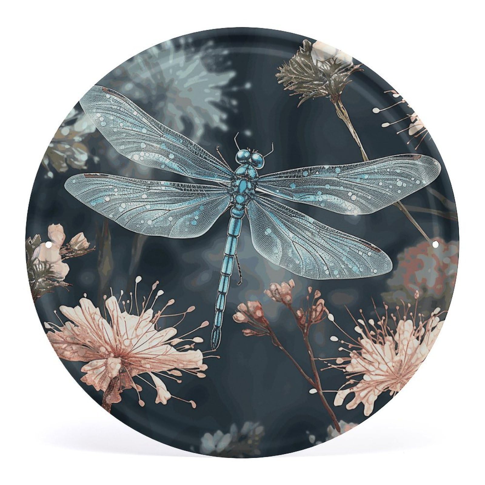 Fodpand Style Dragonfly Flower Round Wall Art Hanging Decorations, Wall Decor Modern Minimalist Artwork, Tin Sign Hanging Picture For Living Room, Bedroom, Office, Hallway, 11.8X11.8 Inch
