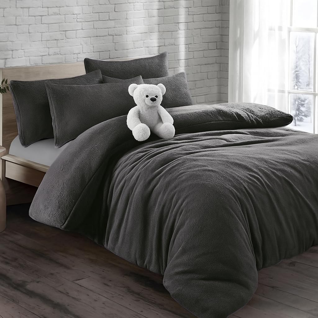 KD HOME EVERYTHING YOU NEED Teddy Bear Fleece Super Soft Fluffy Warm and Cosy Duvet Sets with matching Fitted Sheet and Pillowcases (Charcoal, Super King Duvet Set + Fitted Sheet)