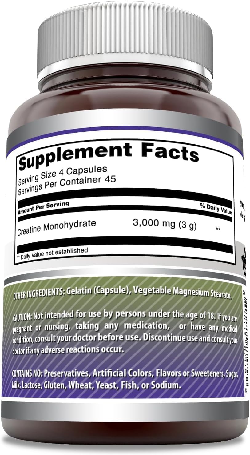 Amazing Formulas Creatine Monohydrate 3000 Mg Per Serving Capsules Supplement | Non-GMO | Gluten Free | Made in USA (180 Count | 3 Pack)