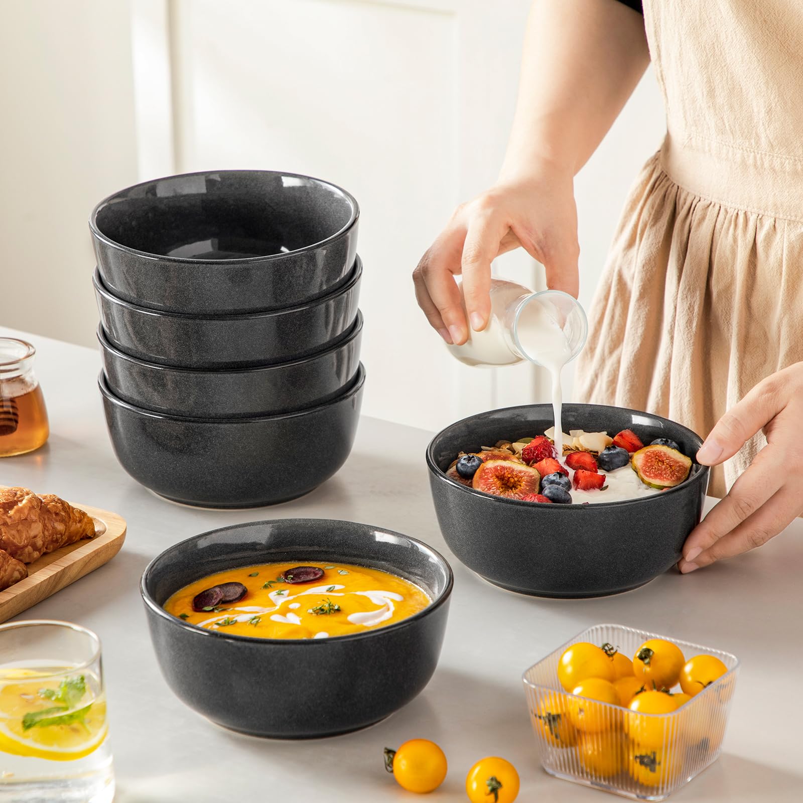 vancasso Série ANYA Assiettes Service de Table 24 Pièces pour 6 Personnes, Vaisselle en Grès - Glaçure Gris Double Flambé - Passe au Micro-Ondes, au Four et Au Lave-Vaisselle