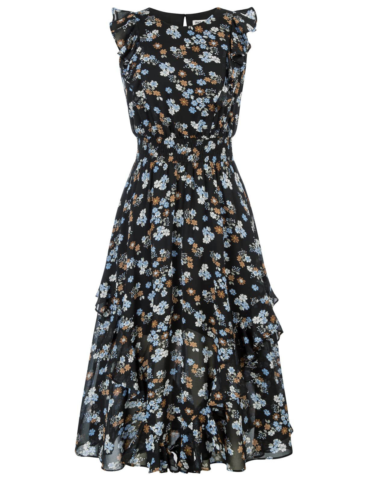 GRACE KARIN Vestido largo de verano para mujer, con volantes, floral, sin mangas, midi CL1908