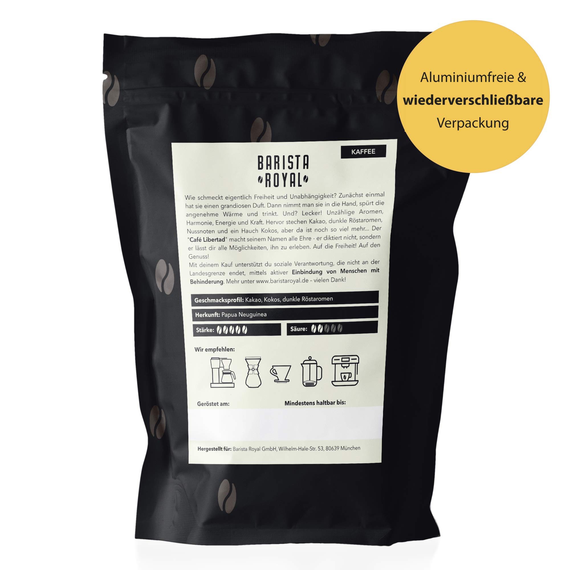 BARISTA ROYAL Ekologiczne ziarna kawy 1 kg "Café Libertad" | Świeże ziarna kawy z Papui-Nowej Gwinei | 100% Kawa Arabica Cała Ziarna | Idealny do w pełni automatycznych maszyn filtrujących