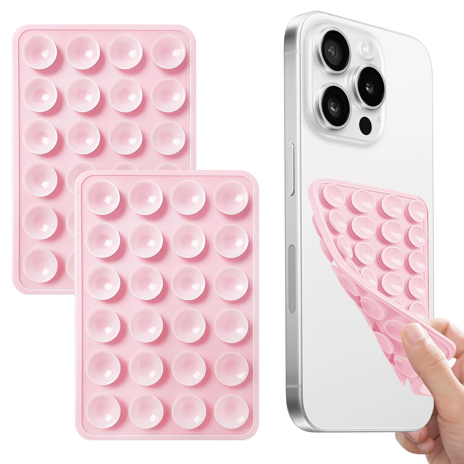 スマホ 吸盤 2枚入り 両面吸盤 スマホ 24 グレイン高密着 7.6×5.3cm 強力吸着 滑り止め設計 ガラス/鏡面/キッチン対応 両手解放で 自撮り/動画通話/料理補助に最適 iPhone/Android 全機種対応 スマホホルダー (淡いピンク（2個入り）)