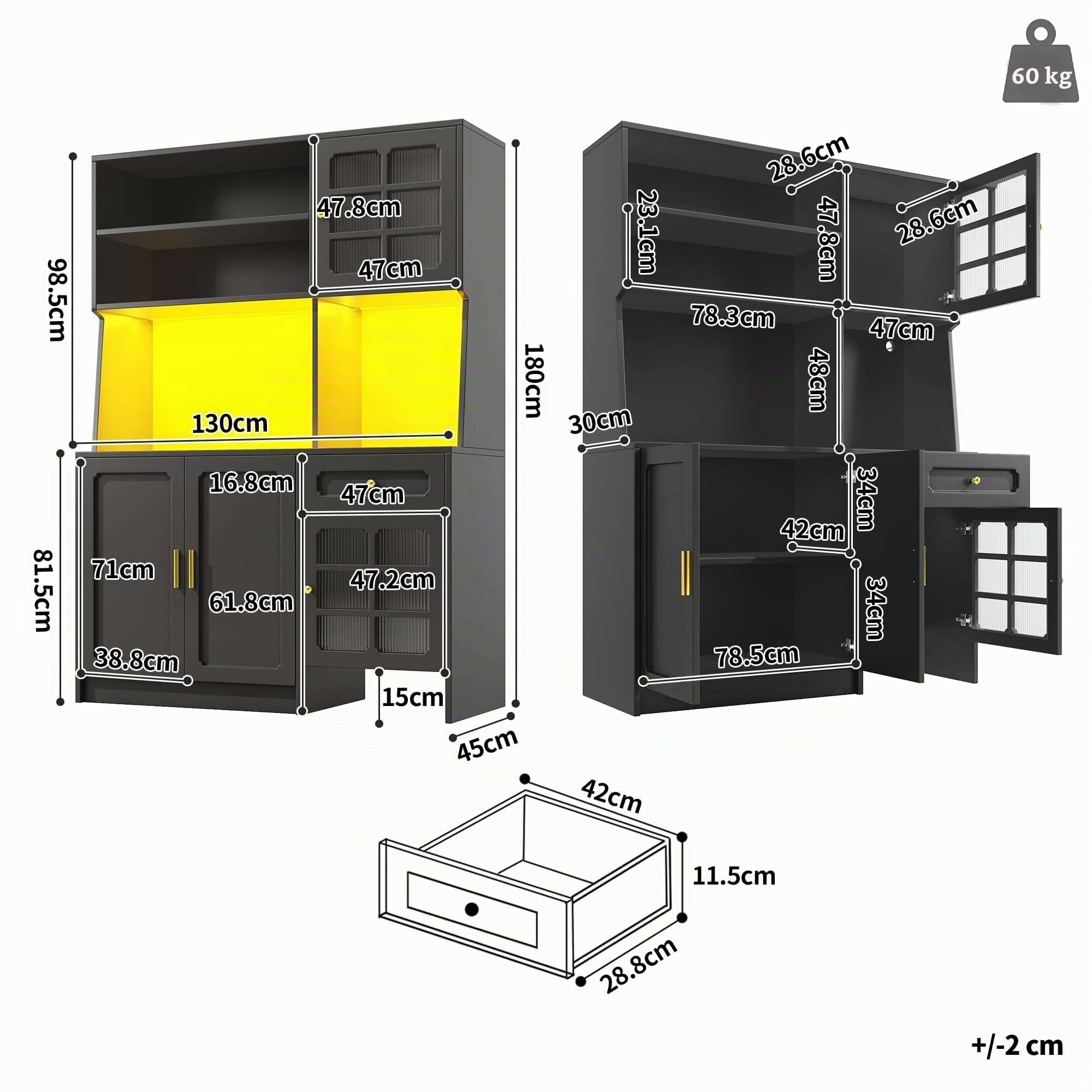 Kebnor Mobile alto da cucina, credenza, armadio da cucina con ante in vetro e illuminazione a LED, nero (130 x 45 x 180 cm)