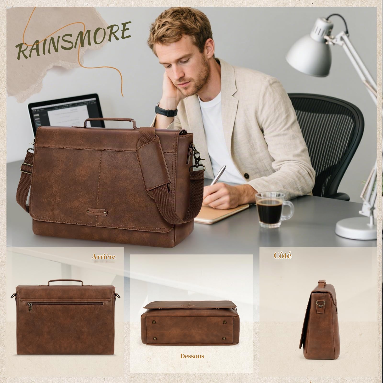 RAINSMORE Sacoche Ordinateur 15,6 Pouces Sac Messager Homme