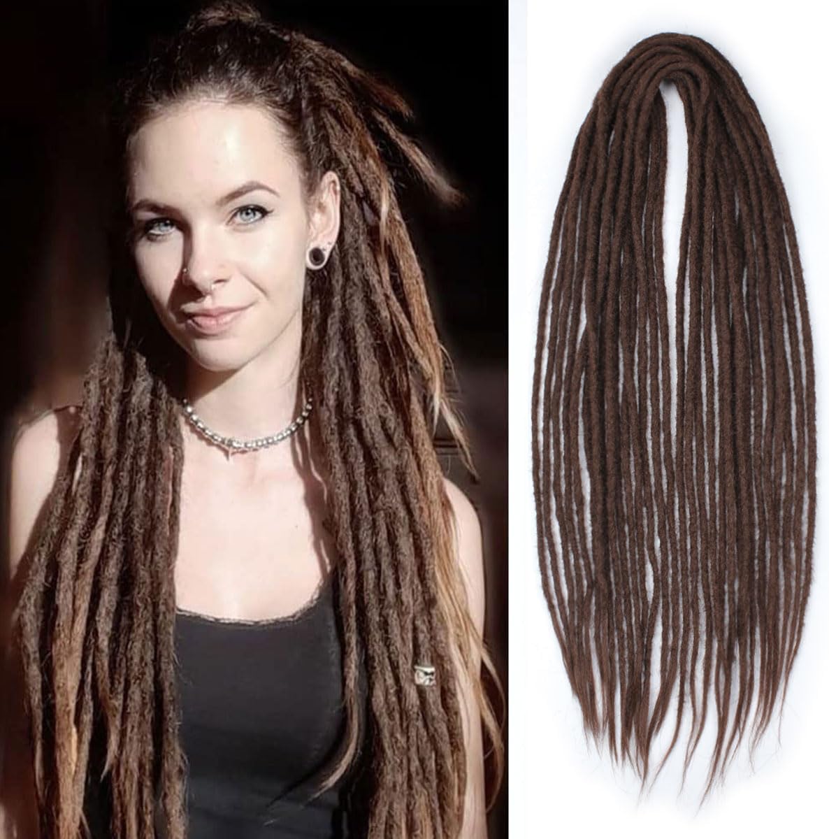 15 pcs Double Ended Dreadlock Extensions, 24 inch Chocolate Thin 0.6cm Fake Dreads Extensions, DE Synthetic Dreadlock Extensions Reggae Hippie Dreads for Women