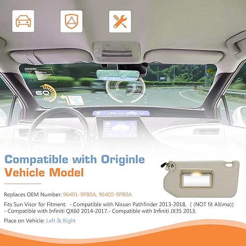 Miniatura 2 de Visera solar del lado izquierdo del conductor y del pasajero derecho con luz para 13, 14, 15, 16, 17, 18, Pathfinder04, 15, 16, 17, Infiniti QX6013