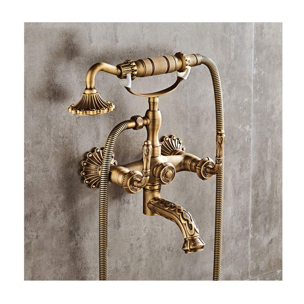 JYBNBBE Bathtub Faucet with Handheld Shower Antique Brass Wall Mounted Multifunctional Mixer Tap Double Handle Telephone Shape Shower Set with Cold and Hot