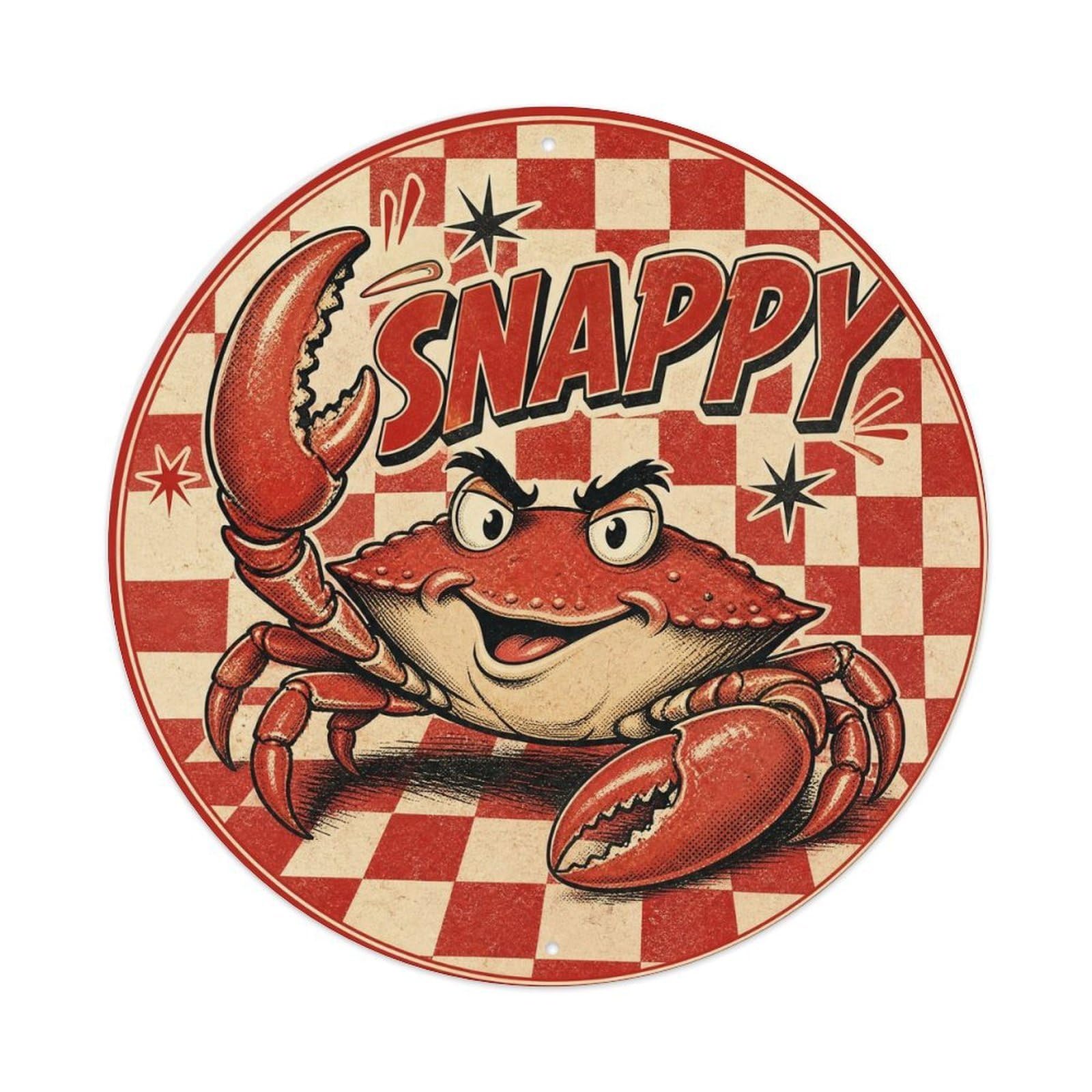 Crab Playful Pose Marine Animal Vintage Cartoon Rustic Metal Tin Sign Plaque Wall Decor for Cafe, Man Cave, Club Bar, Office, Home Garden Round Metal Poster 8x8Inch