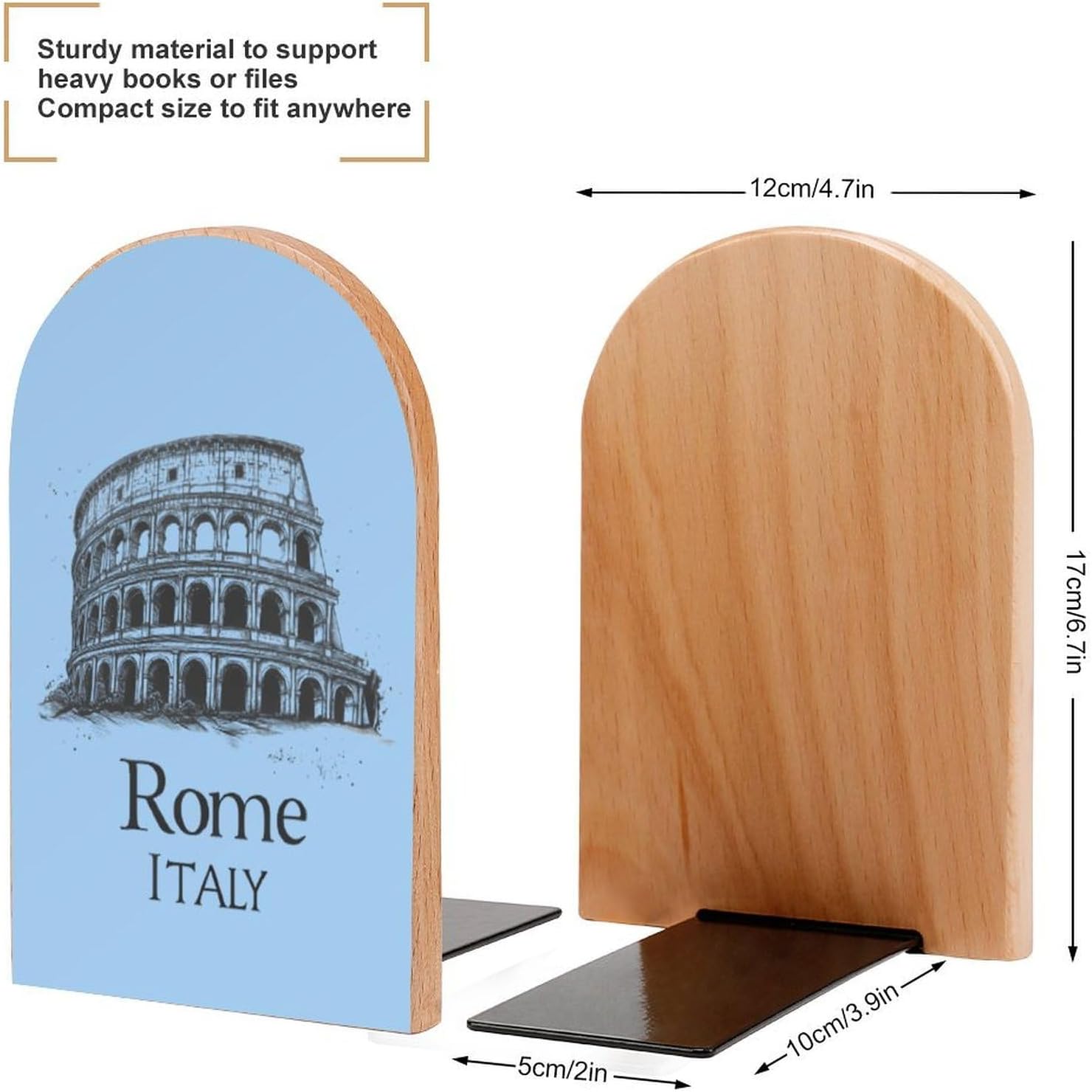Italy Rome Cute Wood Book Ends Decorative Bookends 1 Pair Non-Skid for Shelves Home Office 7 X 5 Inch