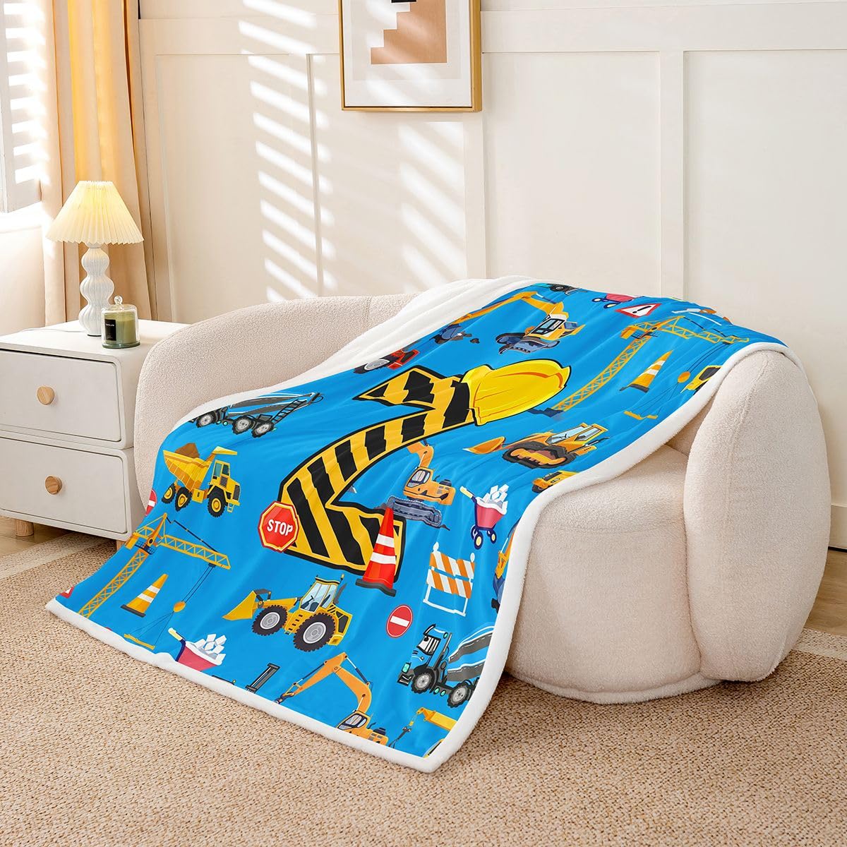 Loussiesd Pojazdy budowlane koc polarowy koparka litera Z Sherpa koc dla dzieci kobiet mężczyzn pluszowy puszysty kreskówka samochód traktor królowa 228 x 229 cm na łóżko kanapę krzesło salon
